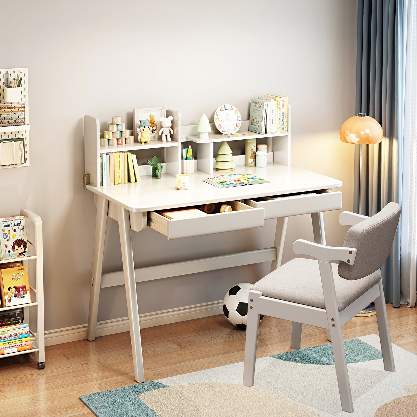 BALANBO Kids Desk and Chair Set, Wooden Study Desk for Kids with Shelves, 2 Storage Drawers, Student Writing Table Computer Desk Workstation, Kids Desk for Study Room, Bedroom, School, Nature
