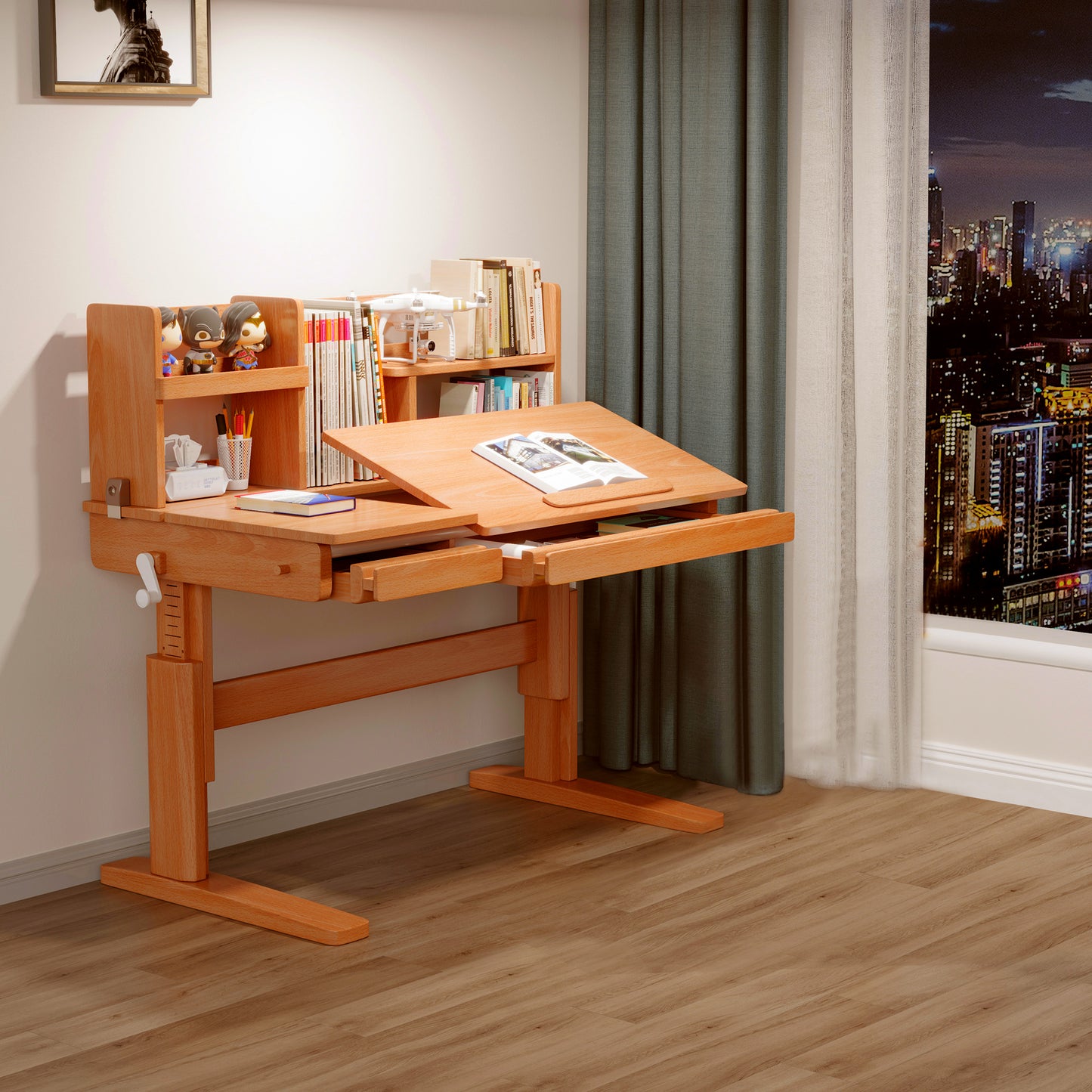 BALANBO Ergonomic Kids Study Desk, Height Adjustable Wood Children Study Computer Desk with Large Shelf, Tiltable Desktop and Pull-Out Drawer (45.5"W, Rustic Beech Wood )