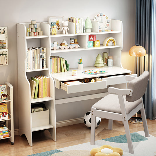 Kids Desk and Chair Set W/Hutch,Wood Study Desk ,Large Size Children’s Writing Table Computer Station Built-in Bookshelf ,Storage Drawer,Students Home Office Desk and Bookcase Display,White