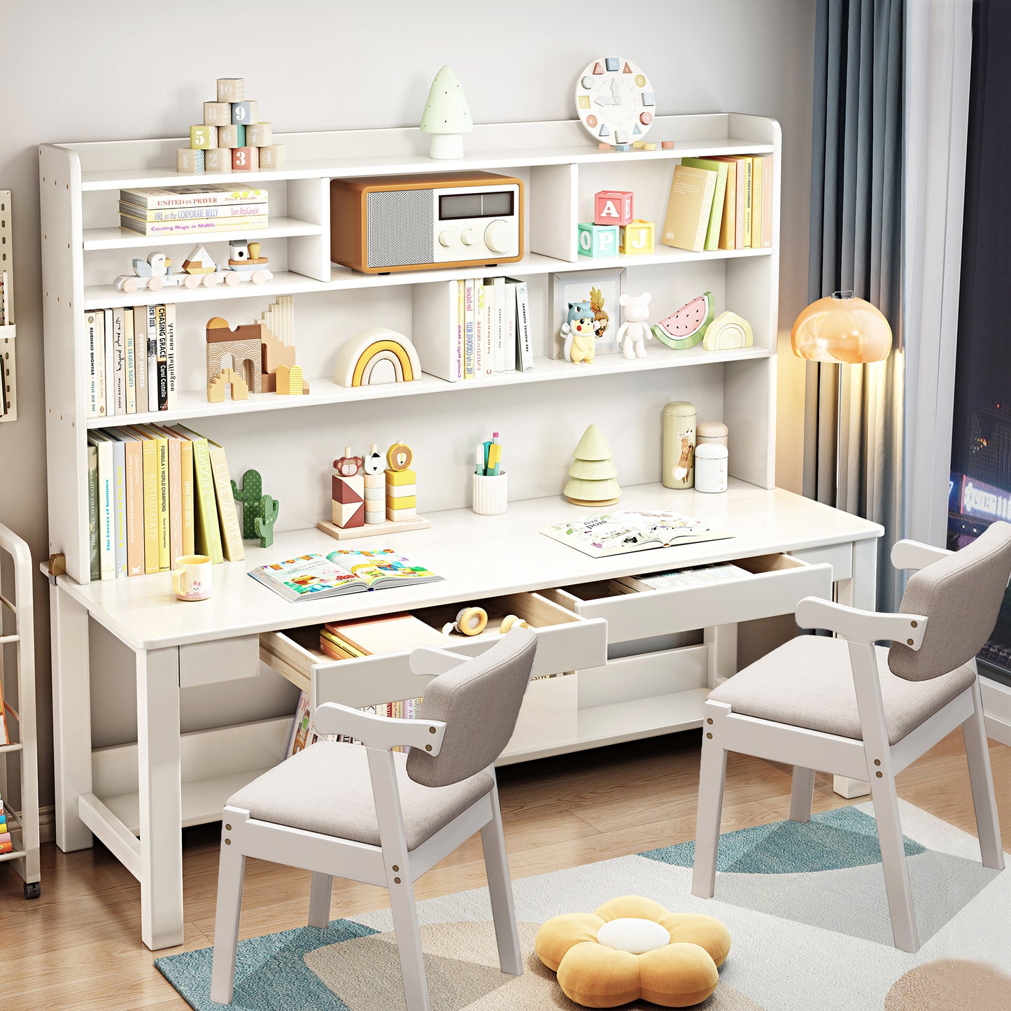 BALANBO Solid Wood Kids Desk and Chair Set with Hutch,Study Computer Desk with Drawers,Extra Large Two Person Study Desk Writing Table,Natural Oak Student Desk with Bookshelf for Home Office,Brown