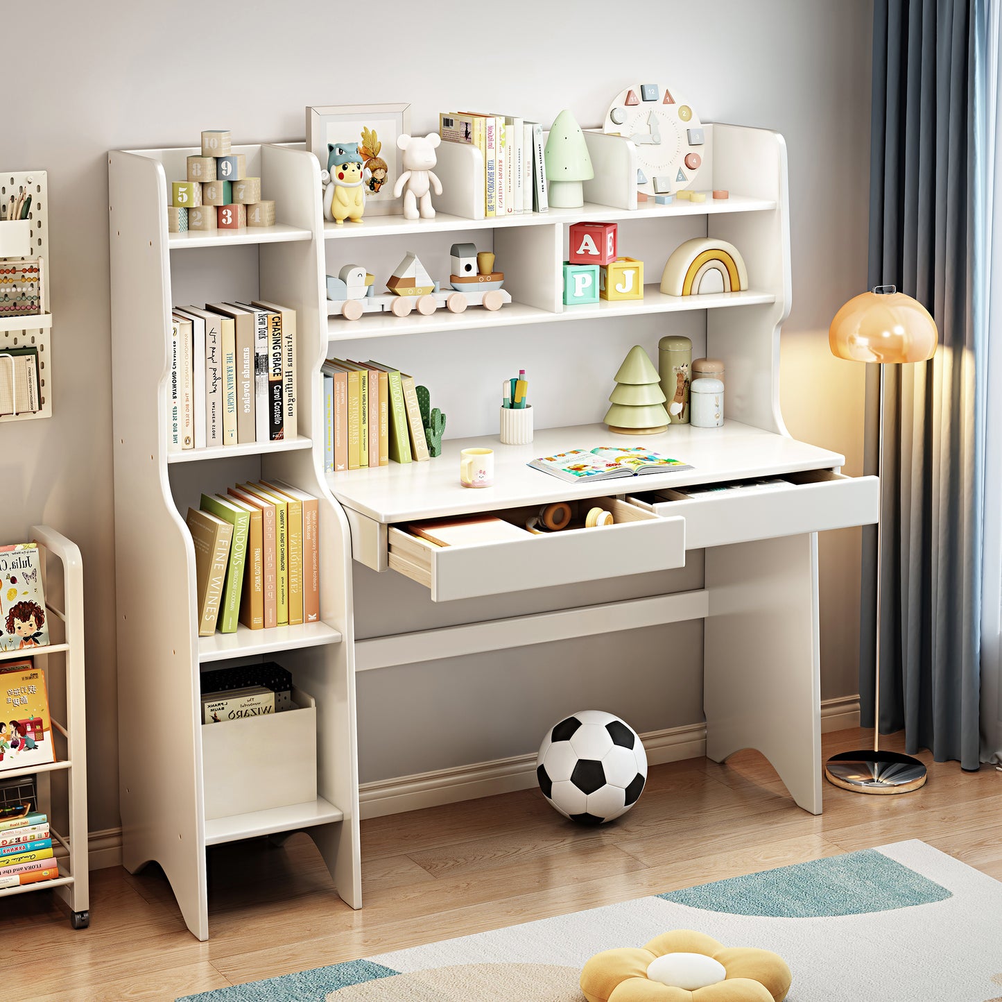 2-Piece Kids Desk W/hutch, Wood Study Desk ,Large Size Children’s Writing Table Computer Desk Built-in Bookshelf Hutch, Storage Drawer,Students Home Office Desk with Bookcase Display