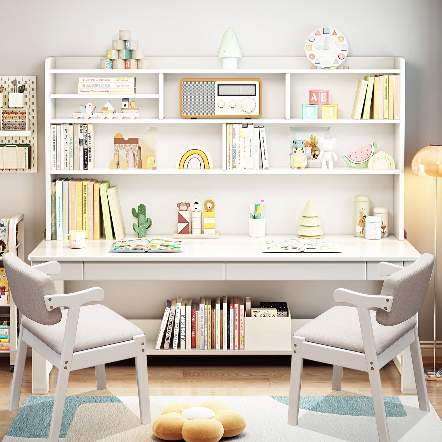 BALANBO Solid Wood Kids Desk and Chair Set with Hutch,Study Computer Desk with Drawers,Extra Large Two Person Study Desk Writing Table,Natural Oak Student Desk with Bookshelf for Home Office,Brown