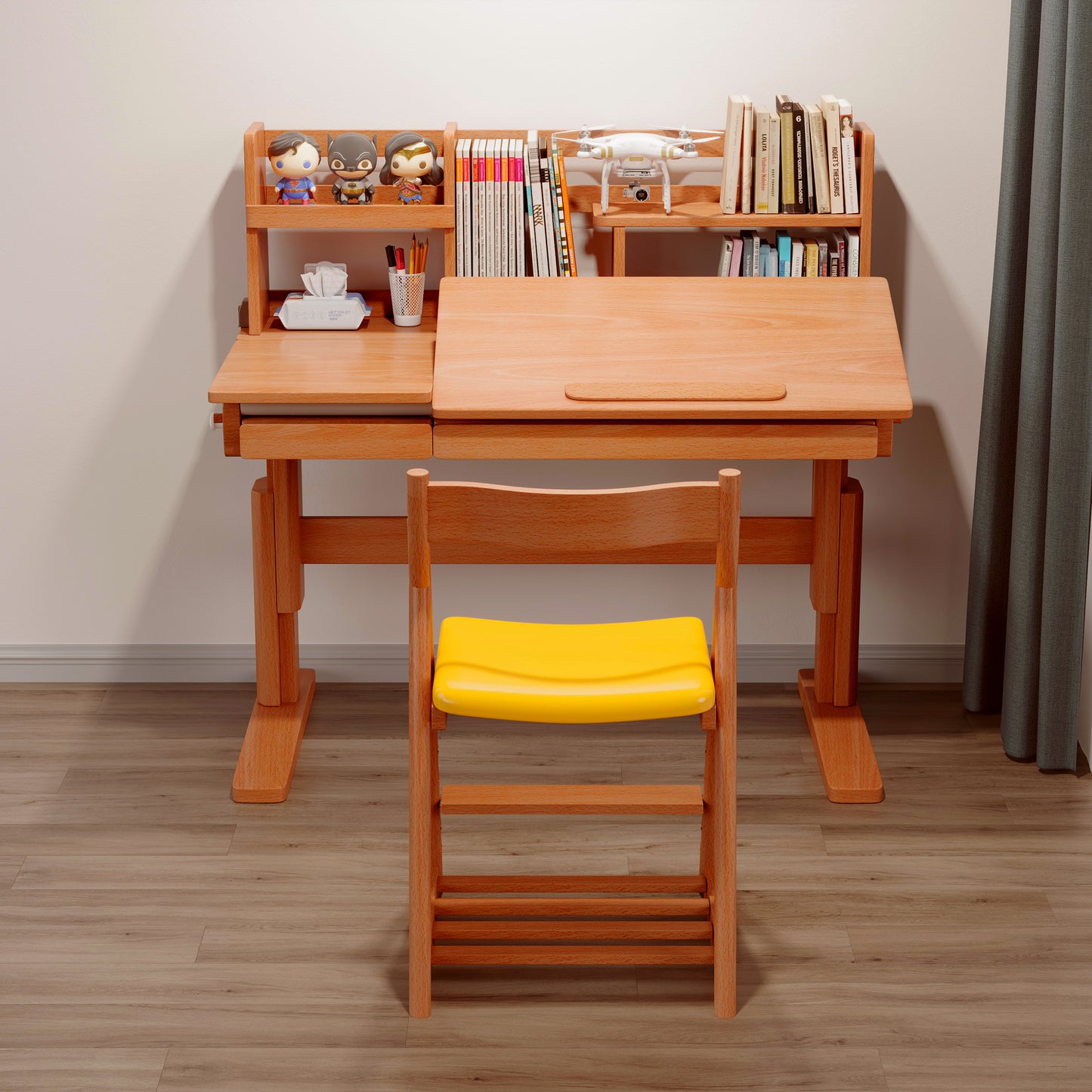 BALANBO Ergonomic Kids Study Desk, Height Adjustable Wood Children Study Computer Desk with Large Shelf, Tiltable Desktop and Pull-Out Drawer (45.5"W, Rustic Beech Wood )