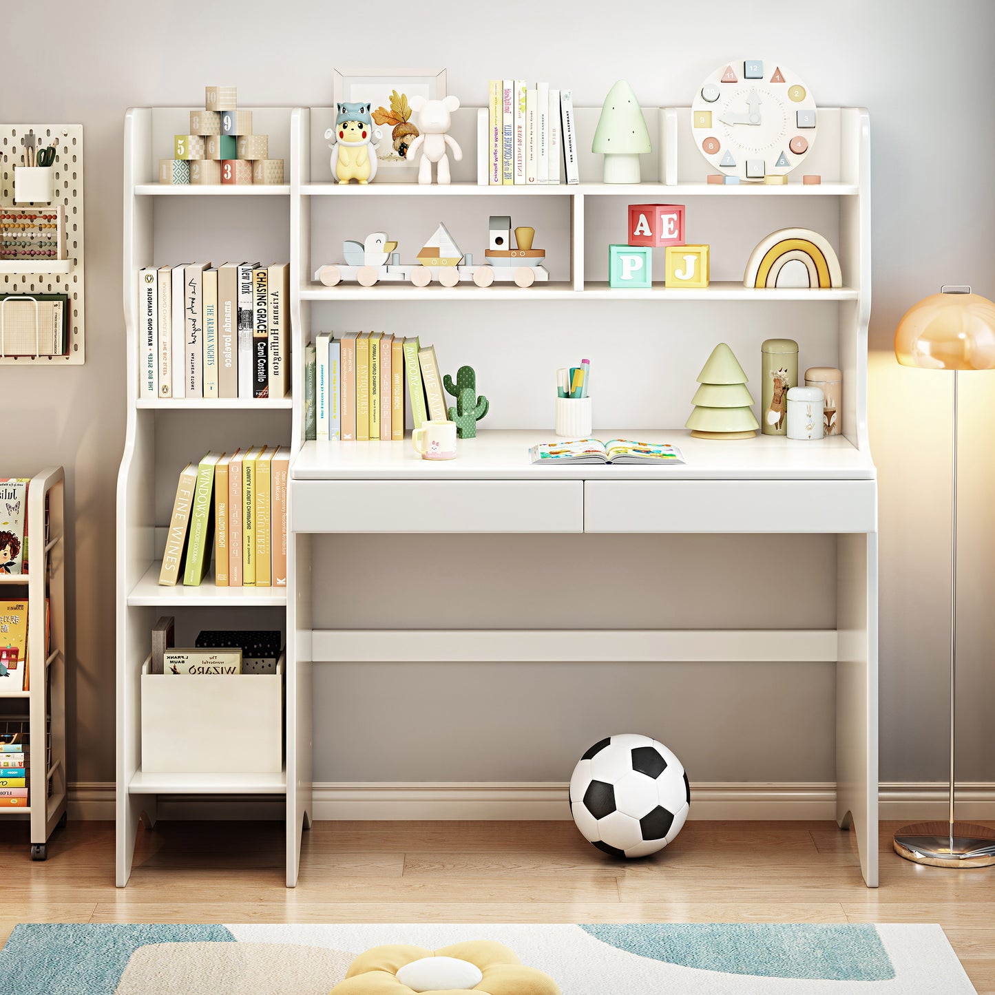 2-Piece Kids Desk W/hutch, Wood Study Desk ,Large Size Children’s Writing Table Computer Desk Built-in Bookshelf Hutch, Storage Drawer,Students Home Office Desk with Bookcase Display