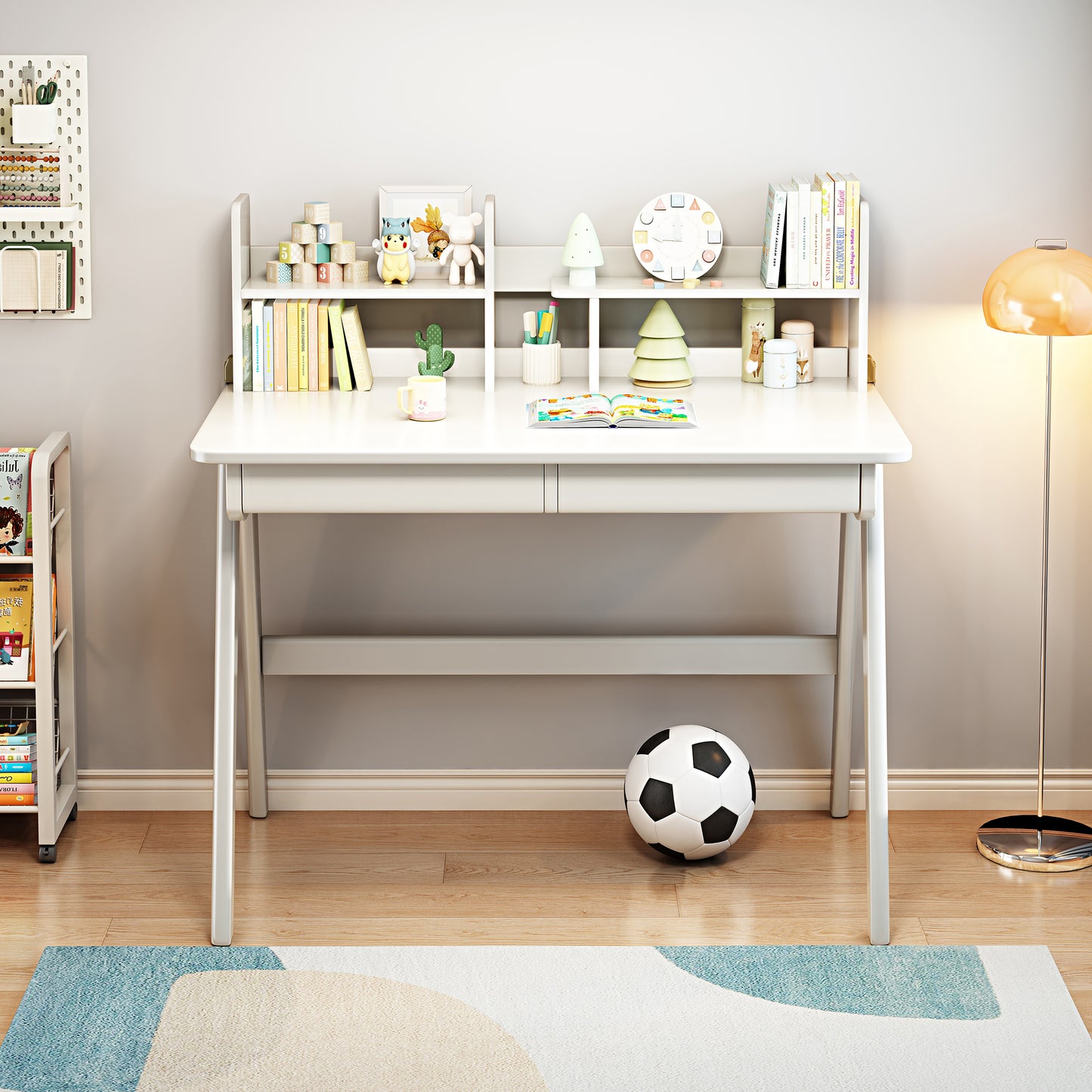 BALANBO Kids Desk and Chair Set, Wooden Study Desk for Kids with Shelves, 2 Storage Drawers, Student Writing Table Computer Desk Workstation, Kids Desk for Study Room, Bedroom, School, Nature