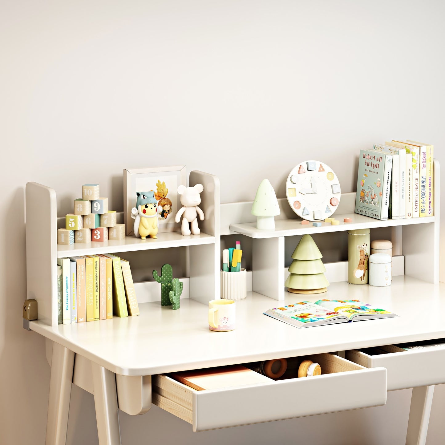 BALANBO Kids Desk and Chair Set, Wooden Study Desk for Kids with Shelves, 2 Storage Drawers, Student Writing Table Computer Desk Workstation, Kids Desk for Study Room, Bedroom, School, Nature