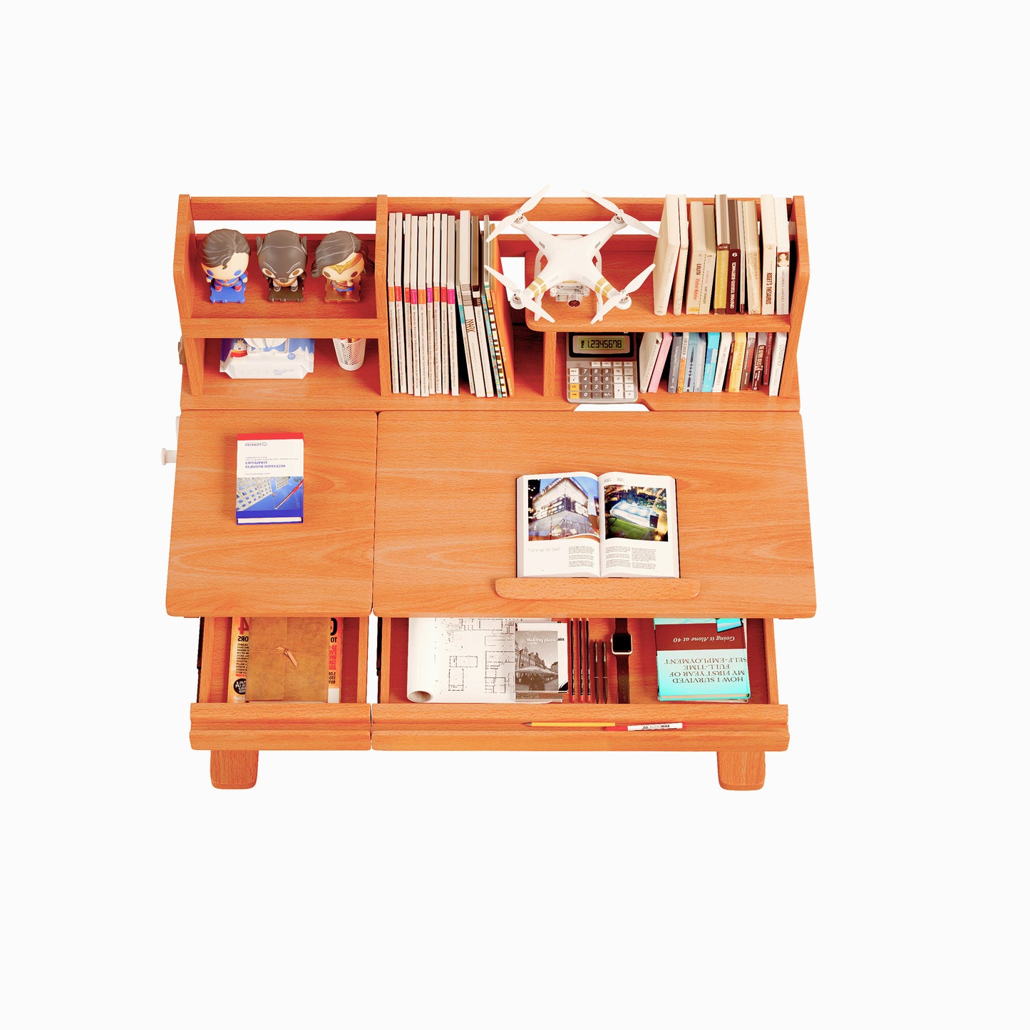 BALANBO Ergonomic Kids Study Desk, Height Adjustable Wood Children Study Computer Desk with Large Shelf, Tiltable Desktop and Pull-Out Drawer (45.5"W, Rustic Beech Wood )
