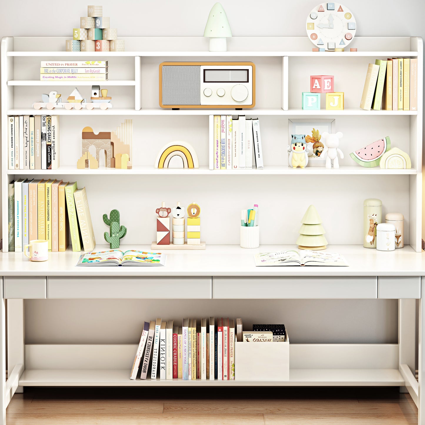 BALANBO Solid Wood Kids Desk and Chair Set with Hutch,Study Computer Desk with Drawers,Extra Large Two Person Study Desk Writing Table,Natural Oak Student Desk with Bookshelf for Home Office,Brown