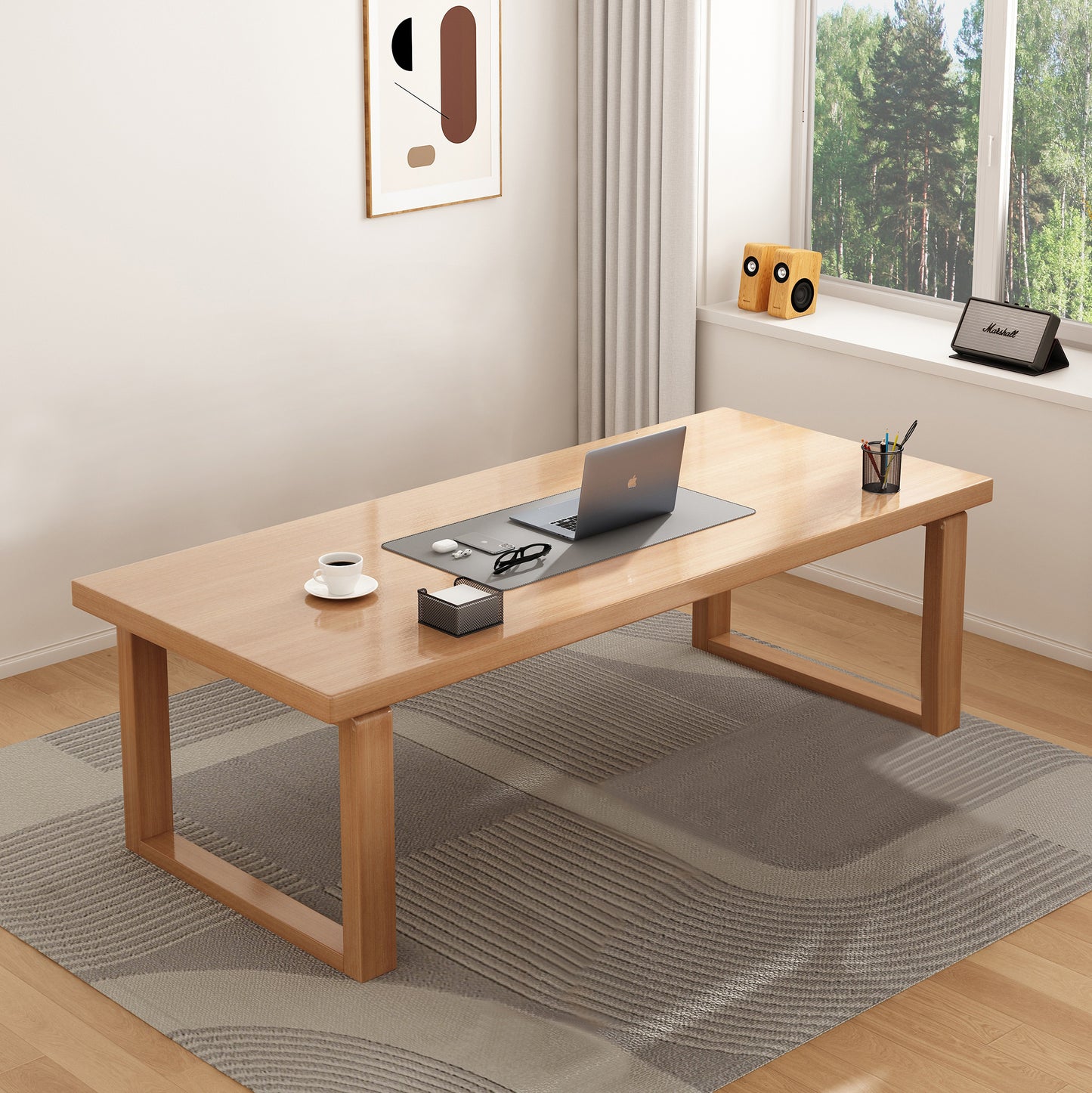 BALANBO Modern Simple Computer Desk, 55 inch 100% Solid Wood Large Office Desk Computer Table, Study Writing Study Desk Workstation for Home Office, Natural