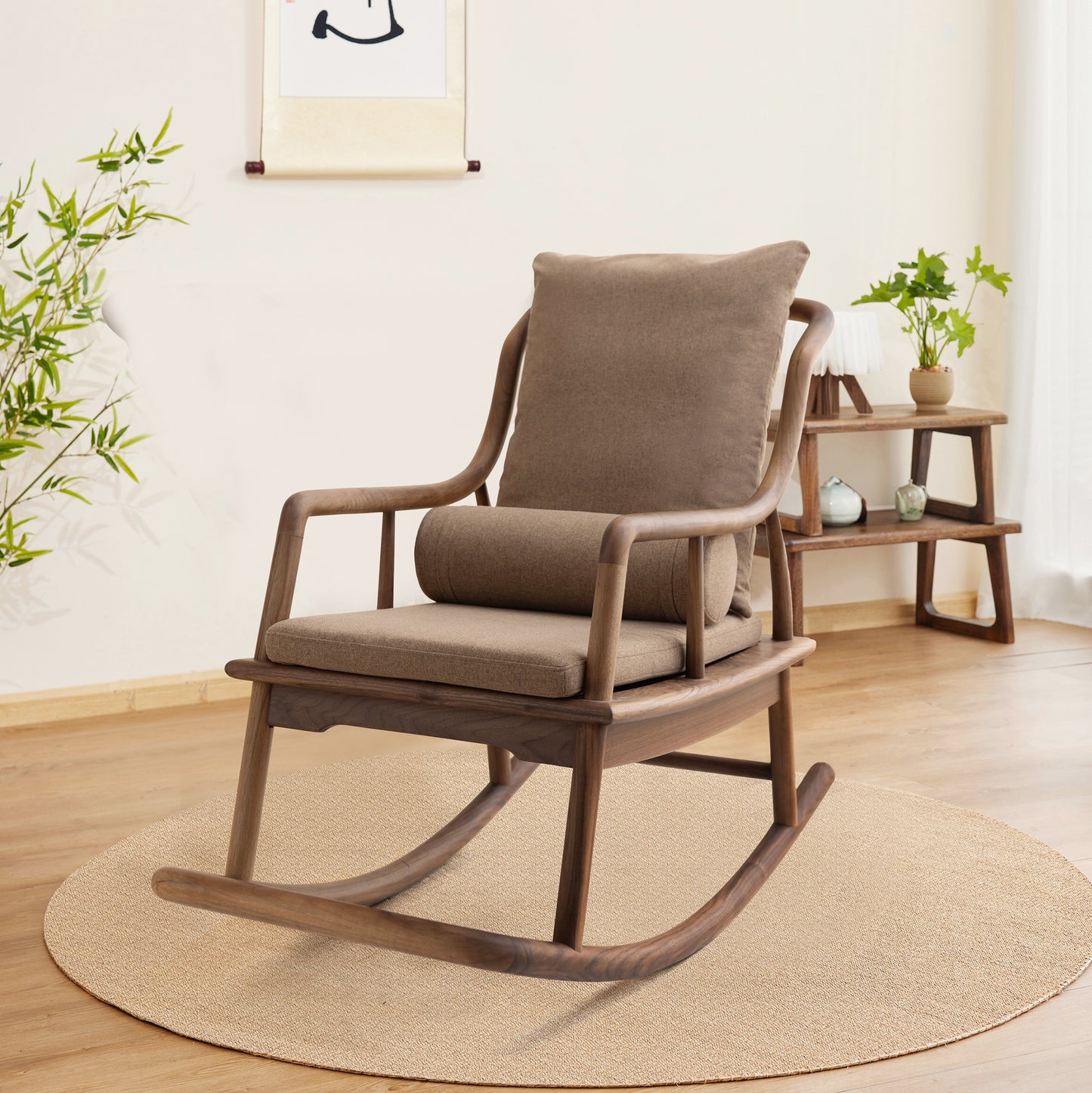 Rocking Chair Black Walnut Wood Rocker Outdoot & Indoor,High Back Padded Seat Rocking Armchair with Backrest and Cushion for Garden,Patio,Backyard,Bedroom,Walnut