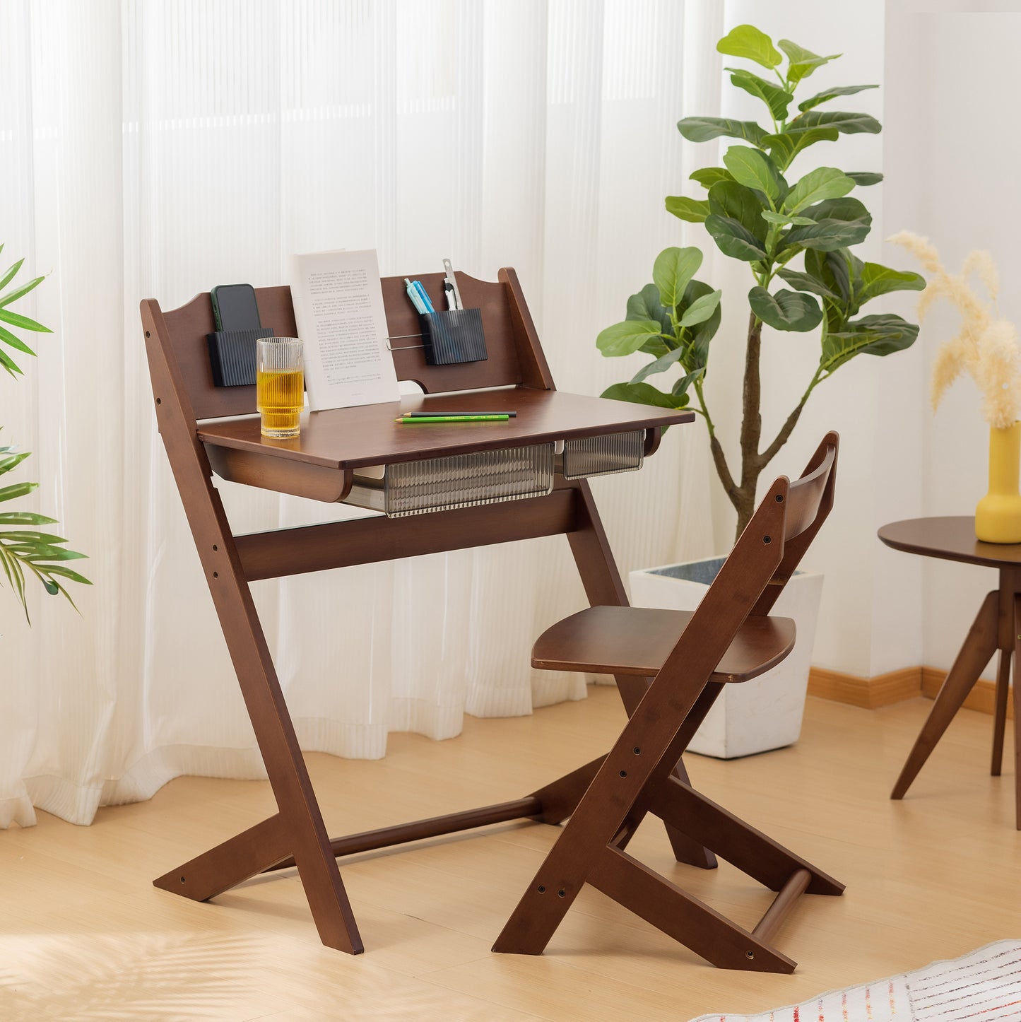 BALANBO Bamboo Adjustable Height Kids Desk and Chair Set,Reading Homework Drawing Table Computer Station Children School Study Desk Multi Function Desk,Writing Table w/Storage Drawer (Walnut Color)