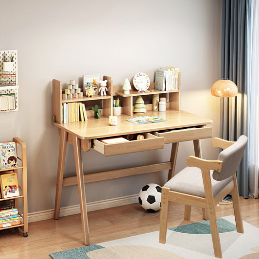BALANBO Kids Desk and Chair Set, Wooden Study Desk for Kids with Shelves, 2 Storage Drawers, Student Writing Table Computer Desk Workstation, Kids Desk for Study Room, Bedroom, School, Nature