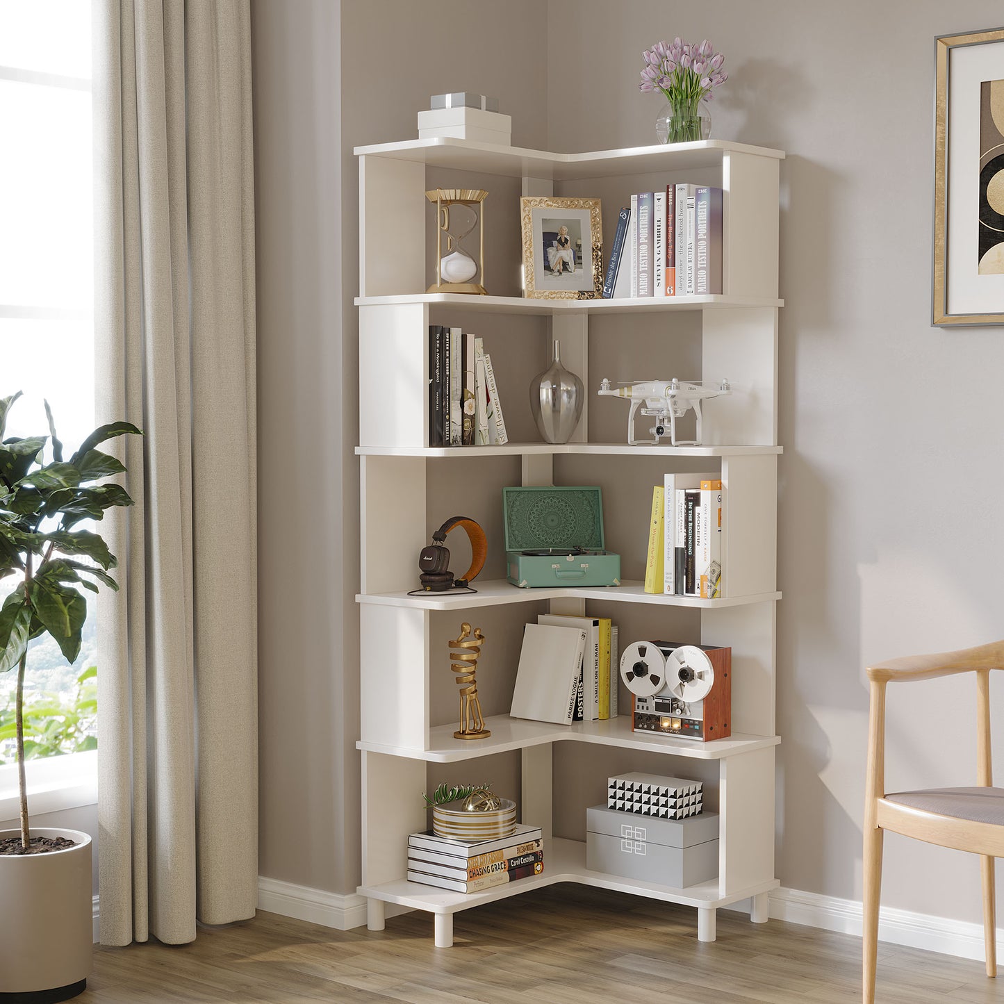 BALANBO Corner Bookshelf, Multi-Layer Display Shelf, Corner Cube Toy for Small Space, Book Storage, Wooden Cube Corner Bookshelf for Game Room, Bedroom, Living Room, White