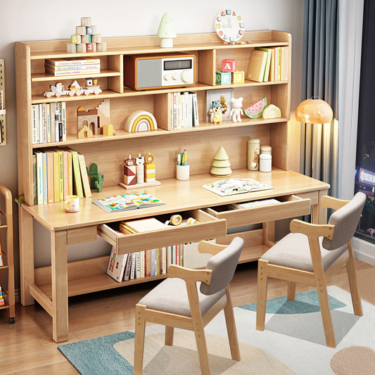 BALANBO Solid Wood Kids Desk and Chair Set with Hutch,Study Computer Desk with Drawers,Extra Large Two Person Study Desk Writing Table,Natural Oak Student Desk with Bookshelf for Home Office,Brown