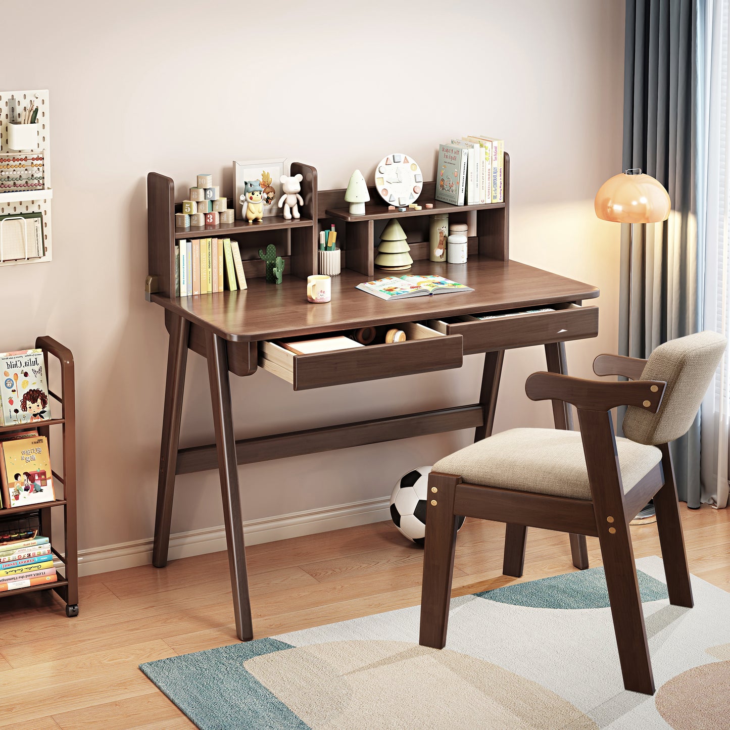 BALANBO Kids Desk and Chair Set, Wooden Study Desk for Kids with Shelves, 2 Storage Drawers, Student Writing Table Computer Desk Workstation, Kids Desk for Study Room, Bedroom, School, Nature