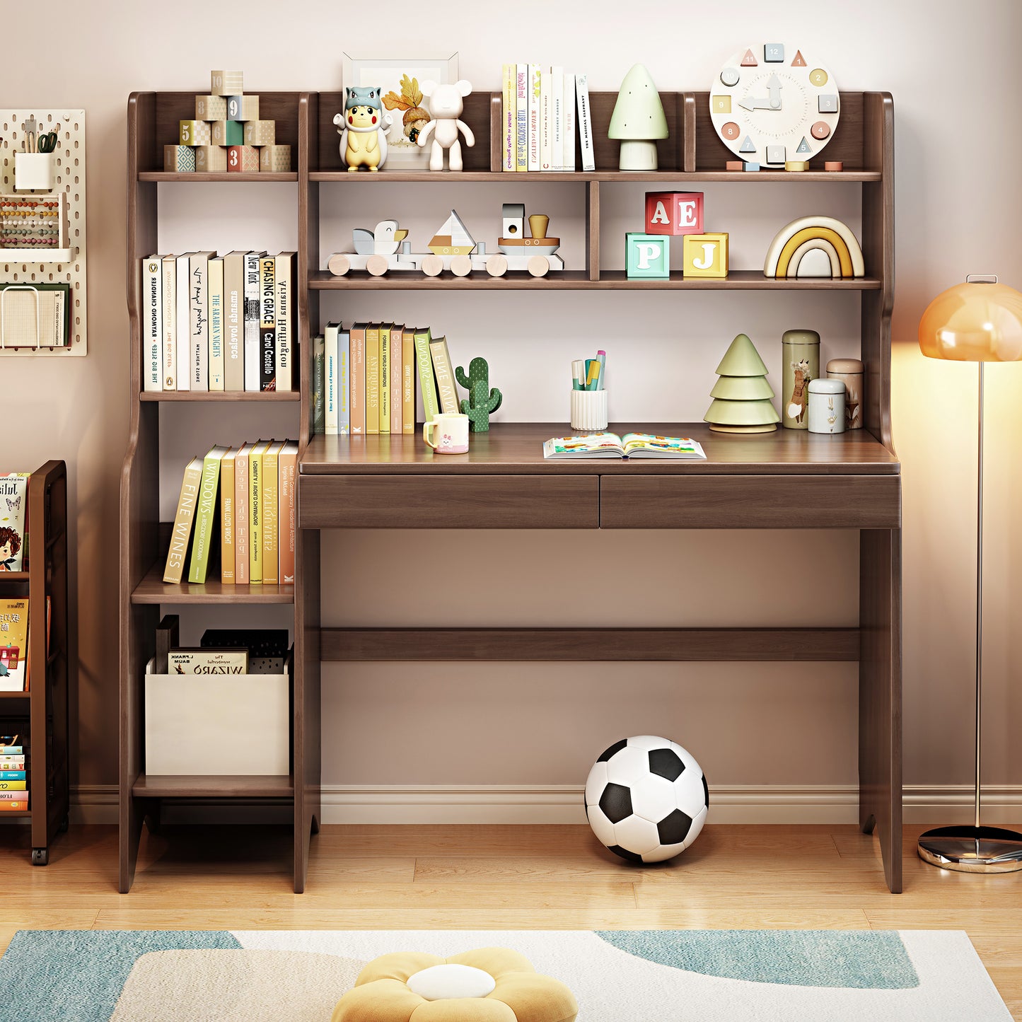2-Piece Kids Desk W/hutch, Wood Study Desk ,Large Size Children’s Writing Table Computer Desk Built-in Bookshelf Hutch, Storage Drawer,Students Home Office Desk with Bookcase Display