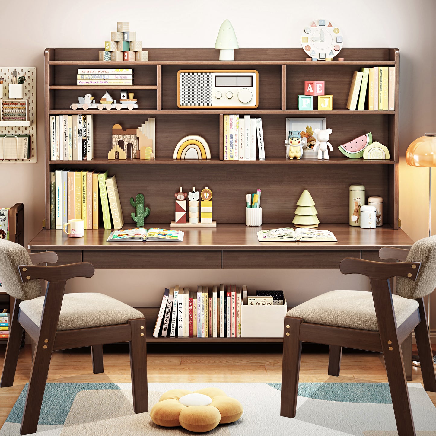 BALANBO Solid Wood Kids Desk and Chair Set with Hutch,Study Computer Desk with Drawers,Extra Large Two Person Study Desk Writing Table,Natural Oak Student Desk with Bookshelf for Home Office,Brown