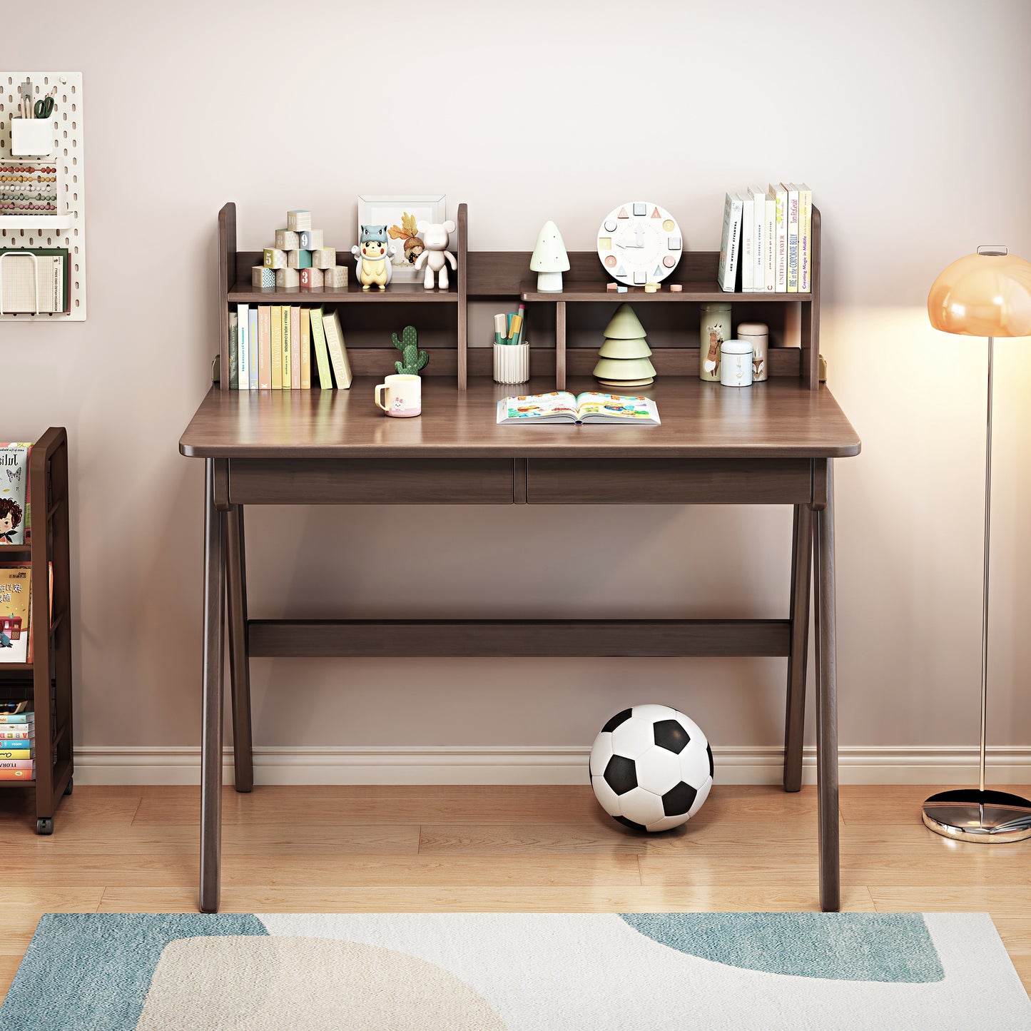 BALANBO Kids Desk and Chair Set, Wooden Study Desk for Kids with Shelves, 2 Storage Drawers, Student Writing Table Computer Desk Workstation, Kids Desk for Study Room, Bedroom, School, Nature