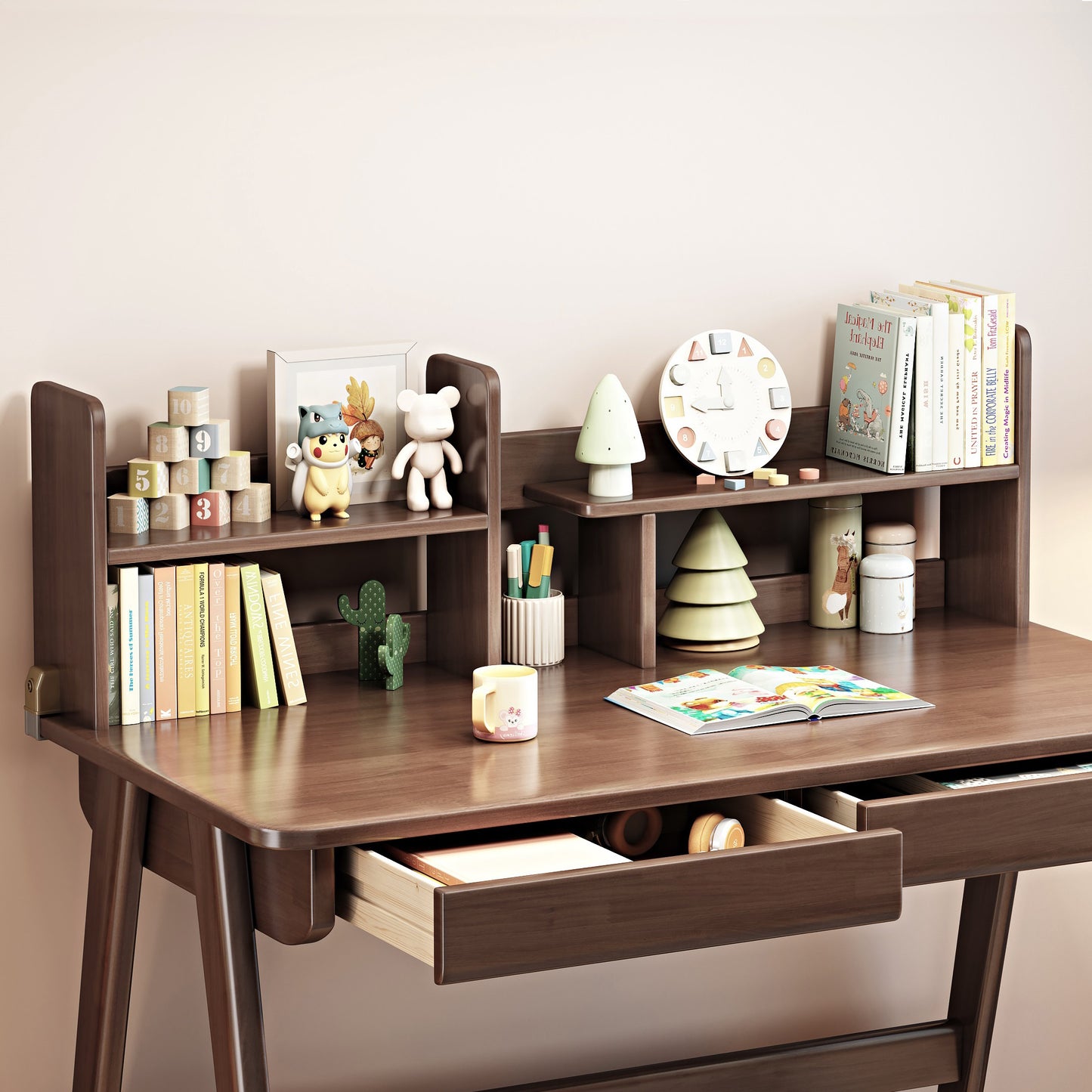 BALANBO Kids Desk and Chair Set, Wooden Study Desk for Kids with Shelves, 2 Storage Drawers, Student Writing Table Computer Desk Workstation, Kids Desk for Study Room, Bedroom, School, Nature