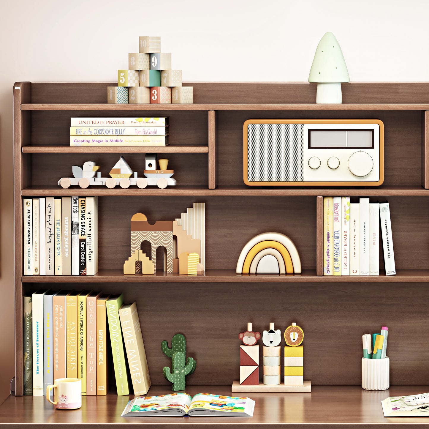 BALANBO Solid Wood Kids Desk and Chair Set with Hutch,Study Computer Desk with Drawers,Extra Large Two Person Study Desk Writing Table,Natural Oak Student Desk with Bookshelf for Home Office,Brown