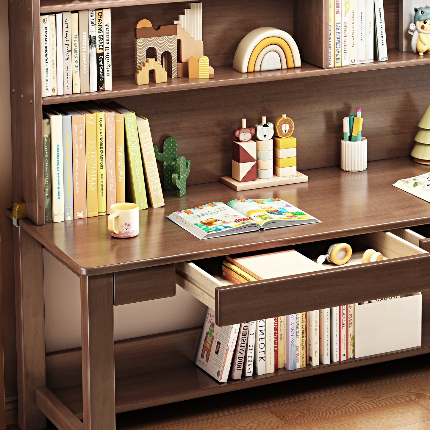 BALANBO Solid Wood Kids Desk and Chair Set with Hutch,Study Computer Desk with Drawers,Extra Large Two Person Study Desk Writing Table,Natural Oak Student Desk with Bookshelf for Home Office,Brown