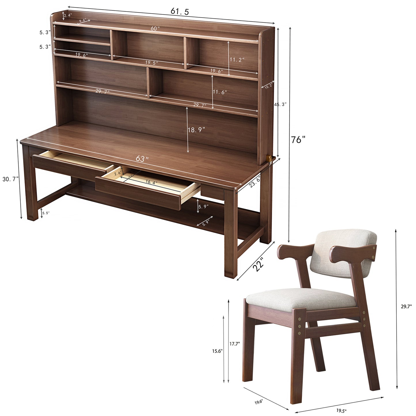 BALANBO Solid Wood Kids Desk and Chair Set with Hutch,Study Computer Desk with Drawers,Extra Large Two Person Study Desk Writing Table,Natural Oak Student Desk with Bookshelf for Home Office,Brown