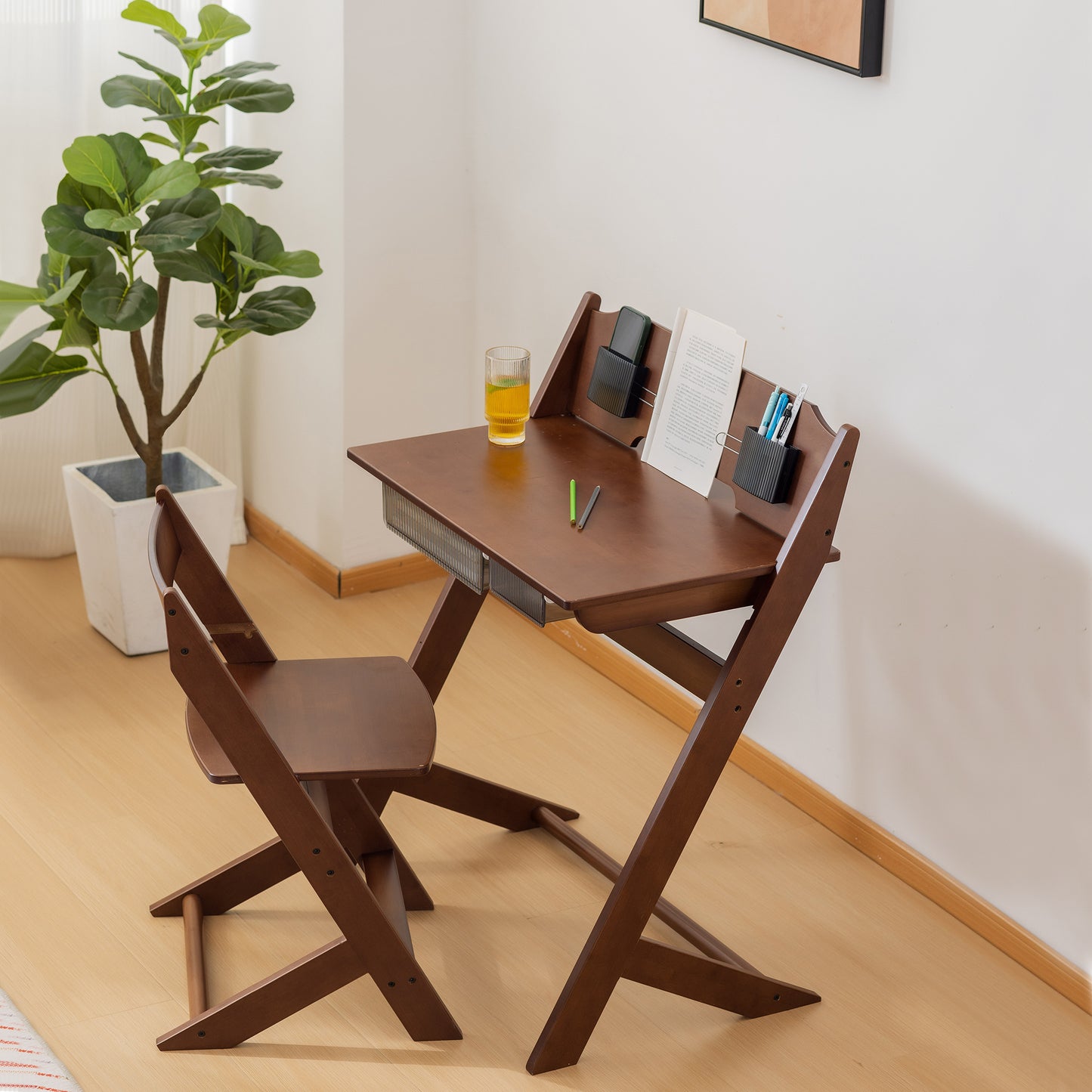 BALANBO Bamboo Adjustable Height Kids Desk and Chair Set,Reading Homework Drawing Table Computer Station Children School Study Desk Multi Function Desk,Writing Table w/Storage Drawer (Walnut Color)