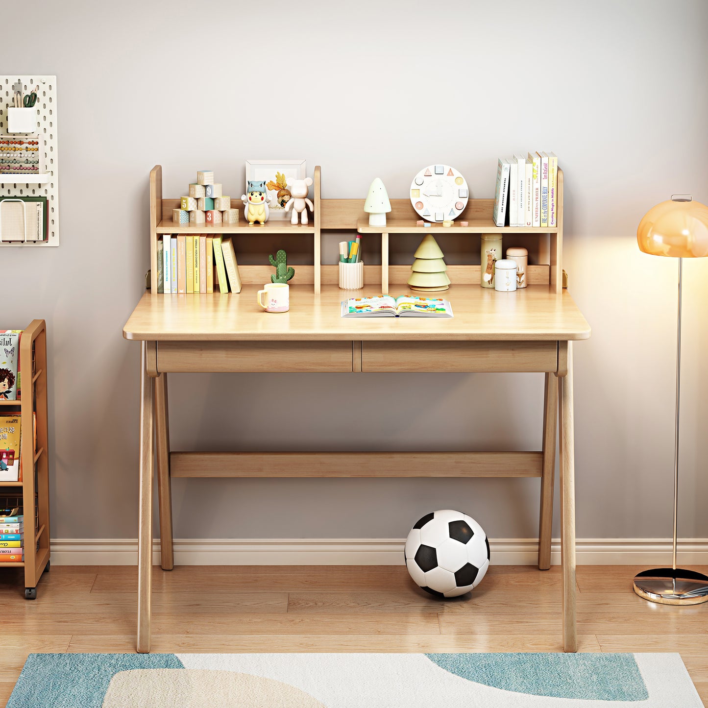 BALANBO Kids Desk and Chair Set, Wooden Study Desk for Kids with Shelves, 2 Storage Drawers, Student Writing Table Computer Desk Workstation, Kids Desk for Study Room, Bedroom, School, Nature