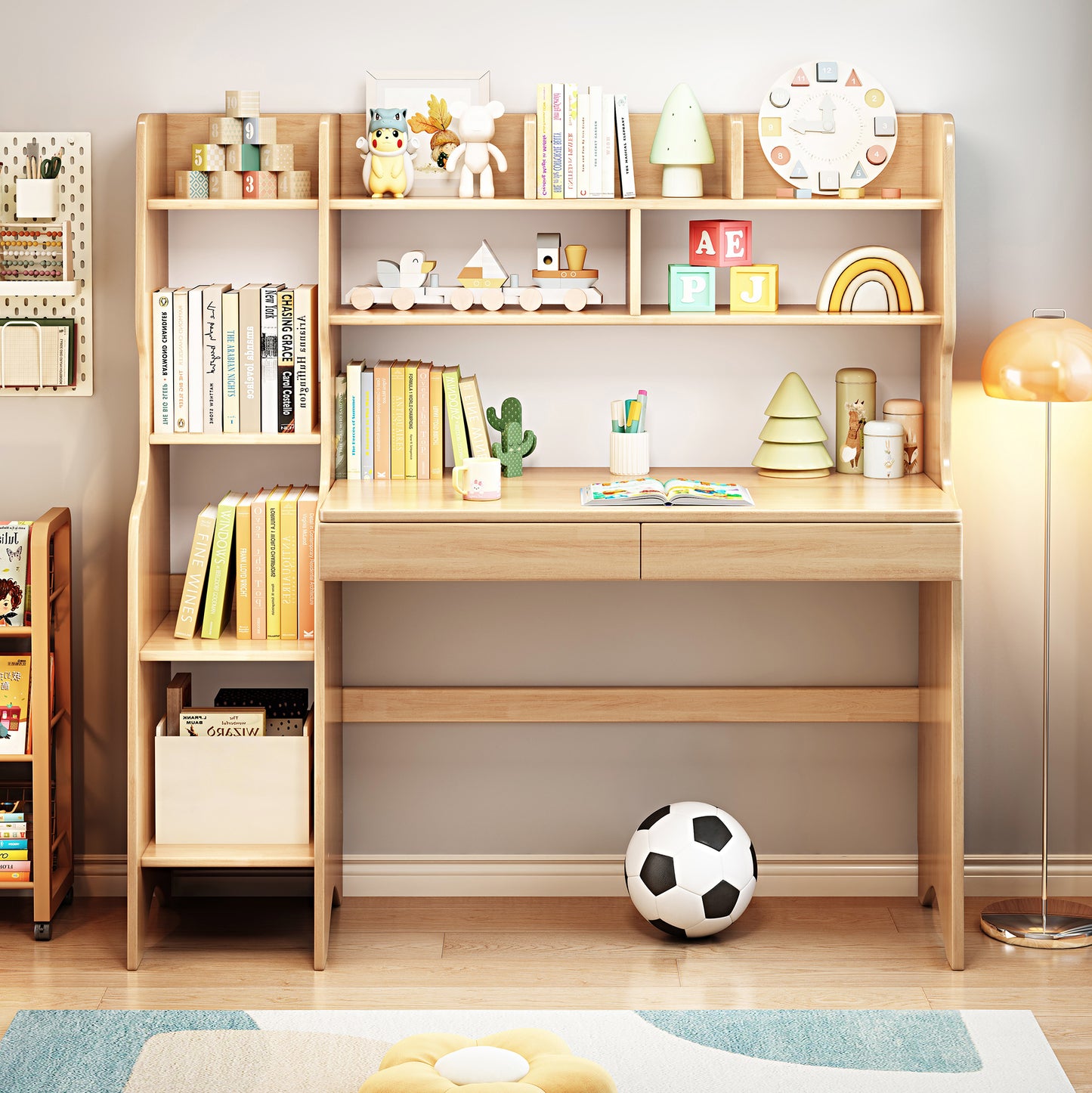 2-Piece Kids Desk W/hutch, Wood Study Desk ,Large Size Children’s Writing Table Computer Desk Built-in Bookshelf Hutch, Storage Drawer,Students Home Office Desk with Bookcase Display