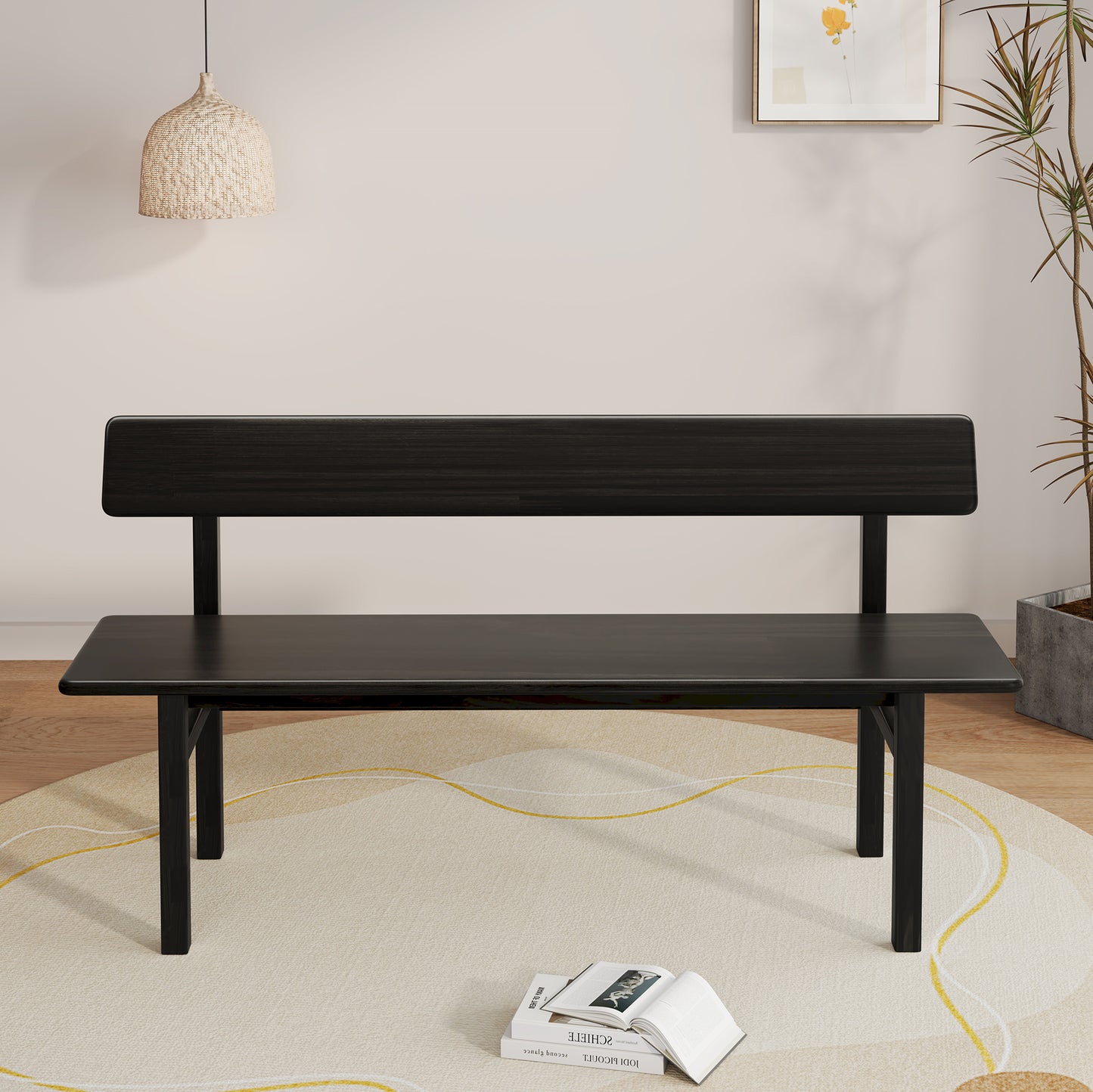 3 Person Farmhouse Dining Bench, Solid Wood Entryway Bench, Wooden Outdoor Bench, Kitchen Dining Seat and Backrest, Black