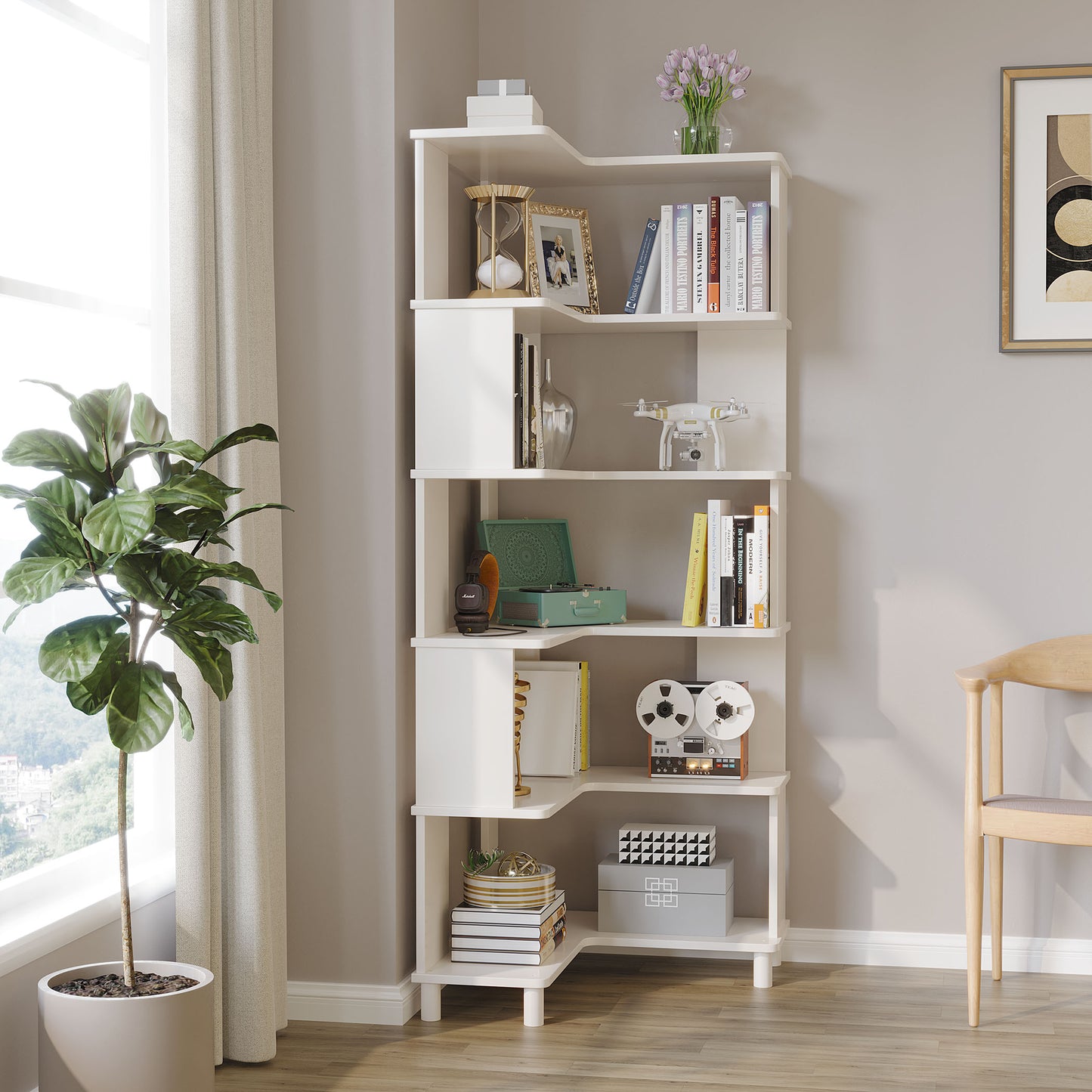 BALANBO Corner Bookshelf, Multi-Layer Display Shelf, Corner Cube Toy for Small Space, Book Storage, Wooden Cube Corner Bookshelf for Game Room, Bedroom, Living Room, White
