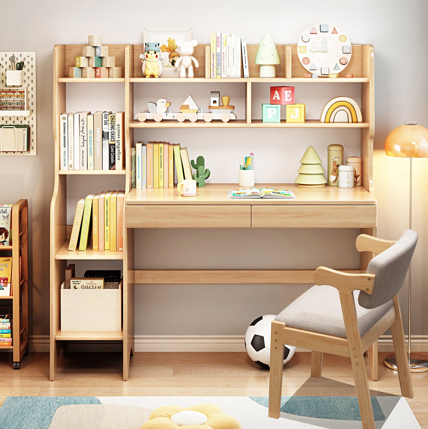 Kids Desk and Chair Set W/Hutch,Wood Study Desk ,Large Size Children’s Writing Table Computer Station Built-in Bookshelf ,Storage Drawer,Students Home Office Desk and Bookcase Display,White