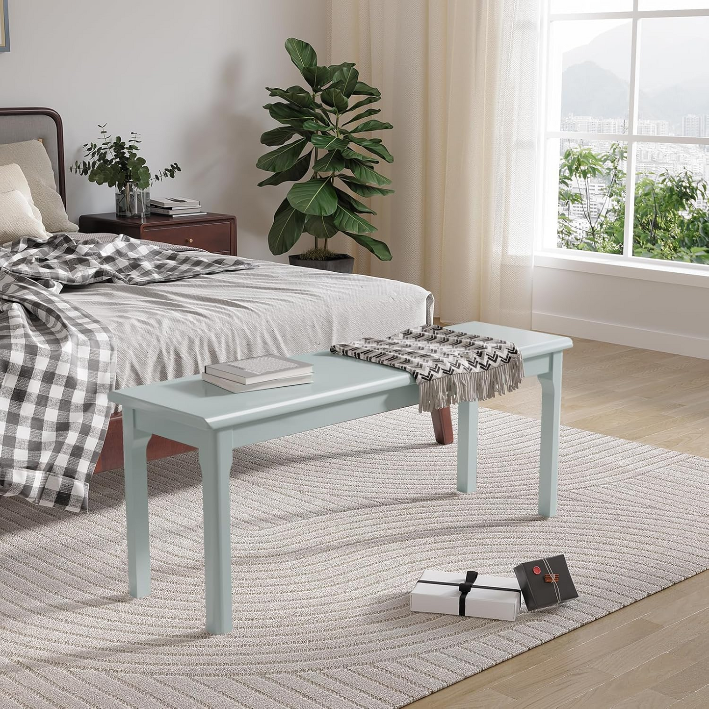 Solid Wood Bench, 47" Farmhouse Entryway Bench for Living Dining Room, Modern Storage Bench Seat for Indoors and Outdoors