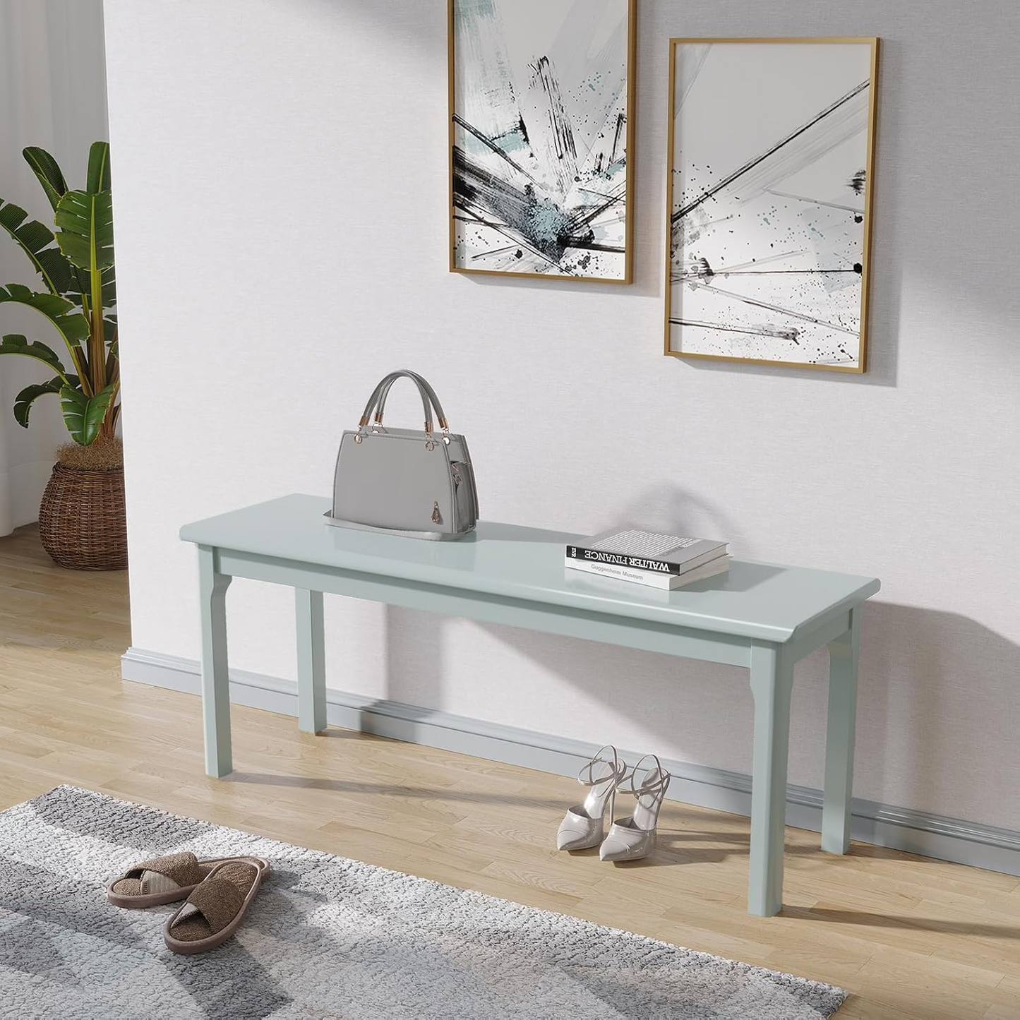 Solid Wood Bench, 47" Farmhouse Entryway Bench for Living Dining Room, Modern Storage Bench Seat for Indoors and Outdoors