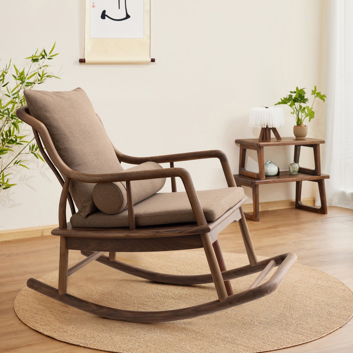 Rocking Chair Black Walnut Wood Rocker Outdoot & Indoor,High Back Padded Seat Rocking Armchair with Backrest and Cushion for Garden,Patio,Backyard,Bedroom,Walnut
