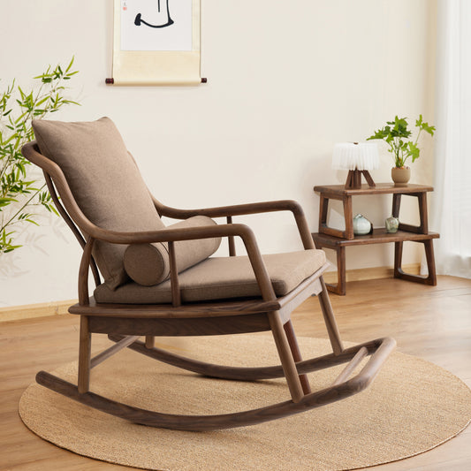 Rocking Chair Black Walnut Wood Rocker Outdoot & Indoor,High Back Padded Seat Rocking Armchair with Backrest and Cushion for Garden,Patio,Backyard,Bedroom,Walnut