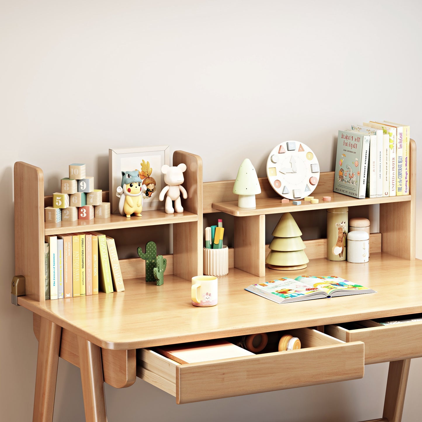 BALANBO Kids Desk and Chair Set, Wooden Study Desk for Kids with Shelves, 2 Storage Drawers, Student Writing Table Computer Desk Workstation, Kids Desk for Study Room, Bedroom, School, Nature