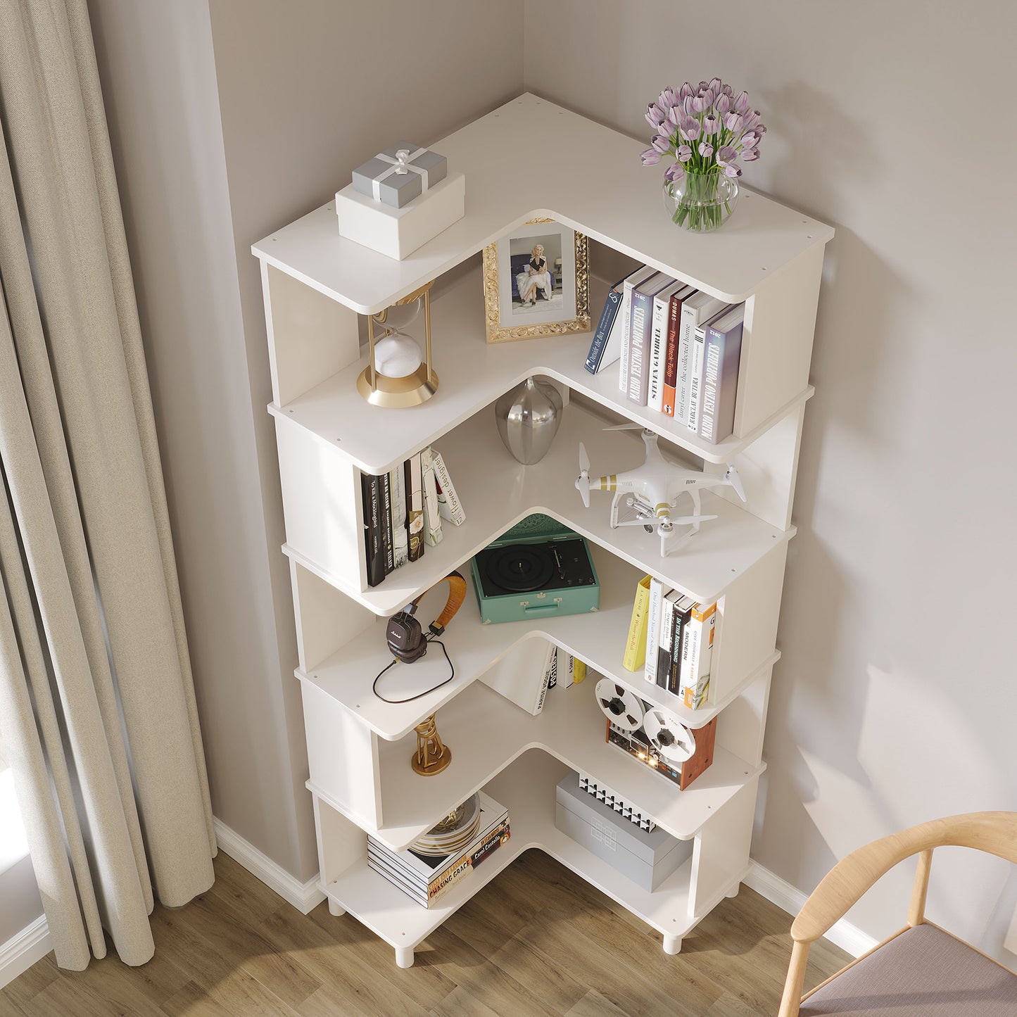 BALANBO Corner Bookshelf, Multi-Layer Display Shelf, Corner Cube Toy for Small Space, Book Storage, Wooden Cube Corner Bookshelf for Game Room, Bedroom, Living Room, White
