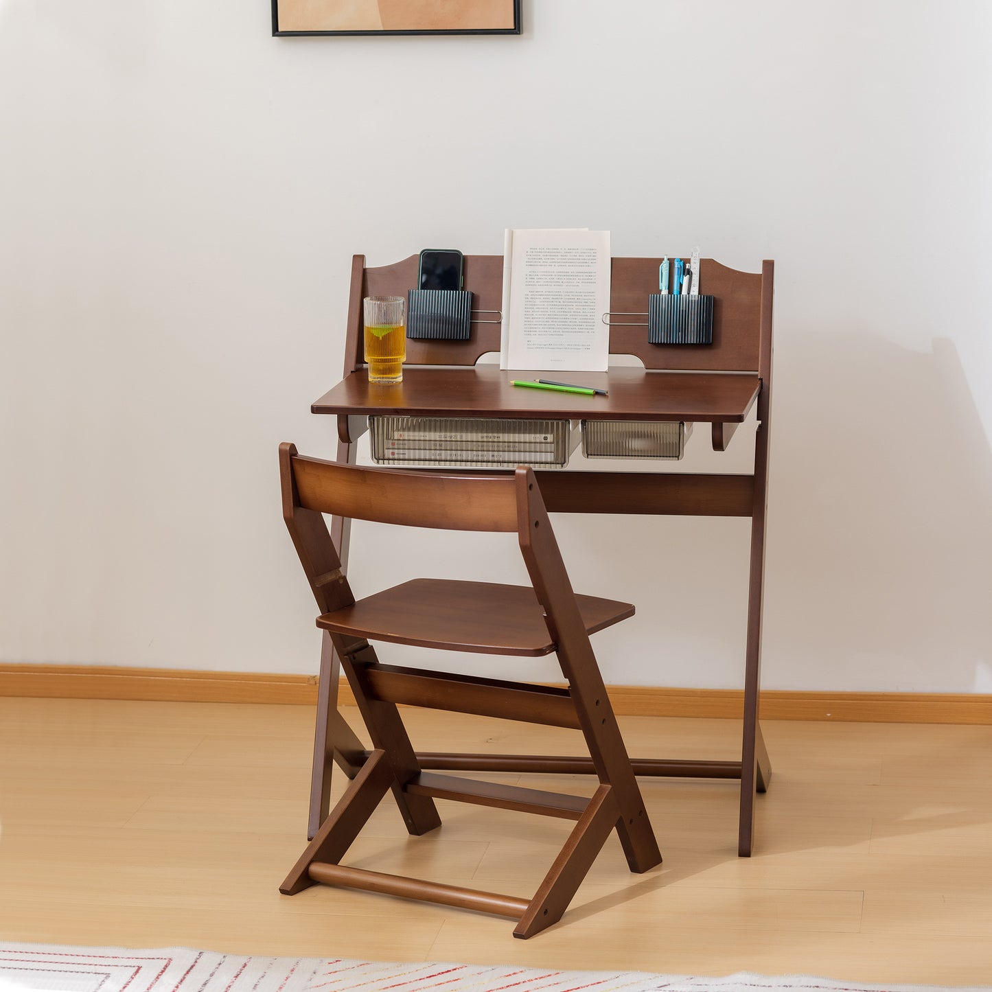 BALANBO Bamboo Adjustable Height Kids Desk and Chair Set,Reading Homework Drawing Table Computer Station Children School Study Desk Multi Function Desk,Writing Table w/Storage Drawer (Walnut Color)