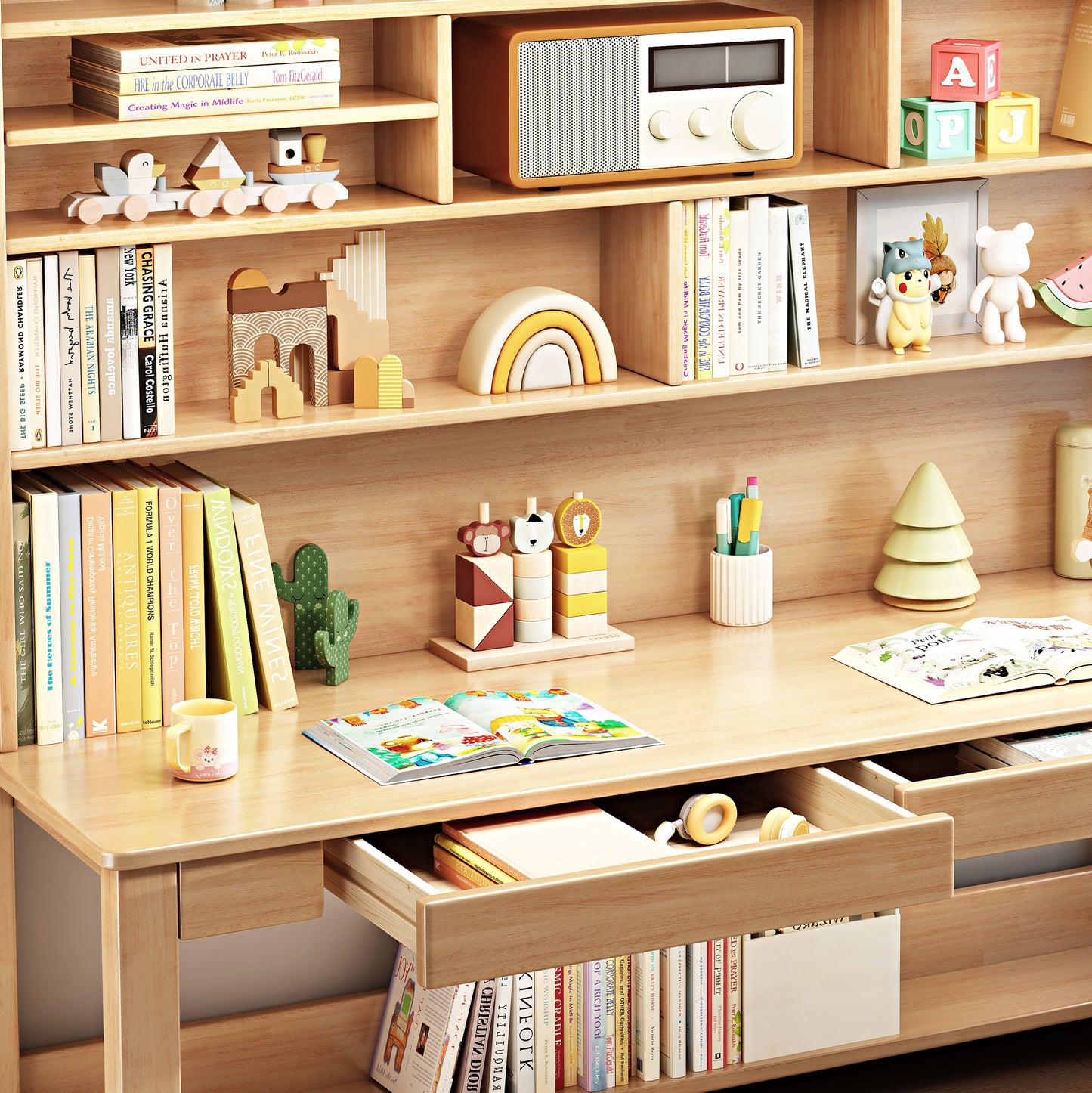 BALANBO Solid Wood Kids Desk and Chair Set with Hutch,Study Computer Desk with Drawers,Extra Large Two Person Study Desk Writing Table,Natural Oak Student Desk with Bookshelf for Home Office,Brown