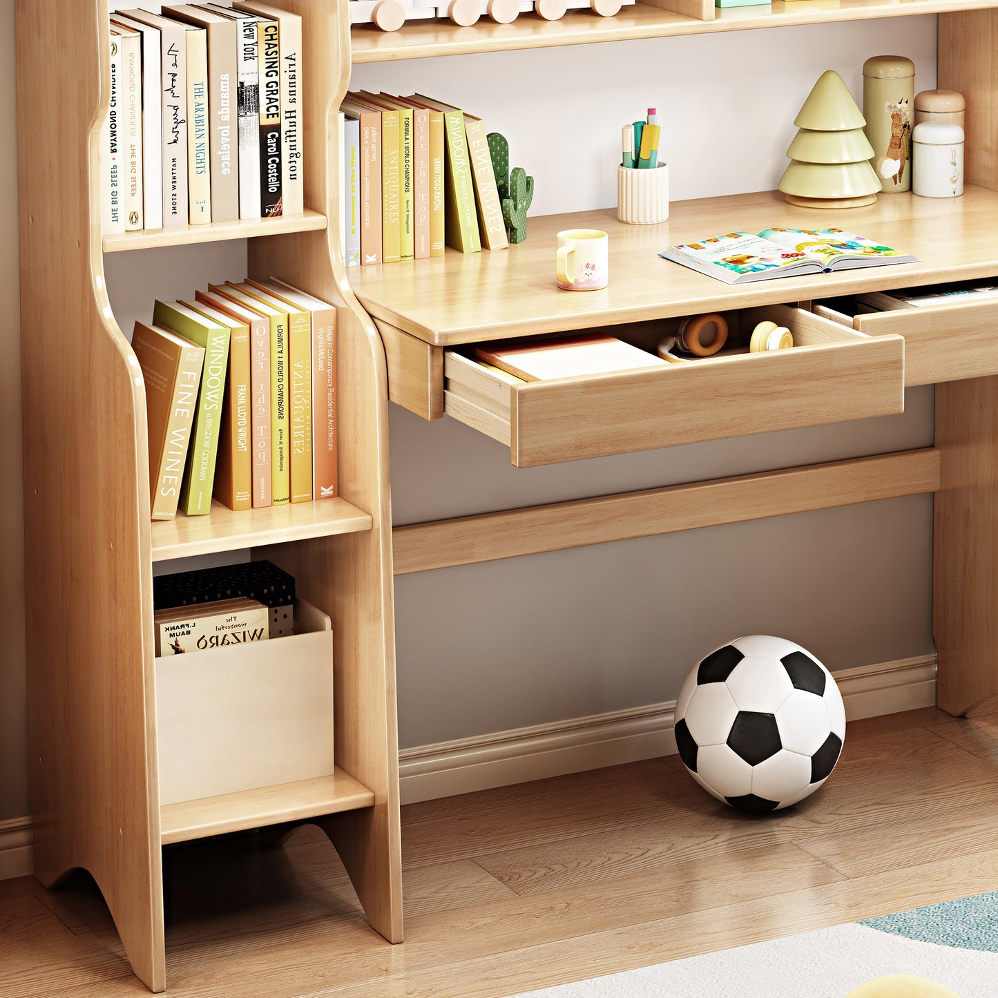 2-Piece Kids Desk W/hutch, Wood Study Desk ,Large Size Children’s Writing Table Computer Desk Built-in Bookshelf Hutch, Storage Drawer,Students Home Office Desk with Bookcase Display