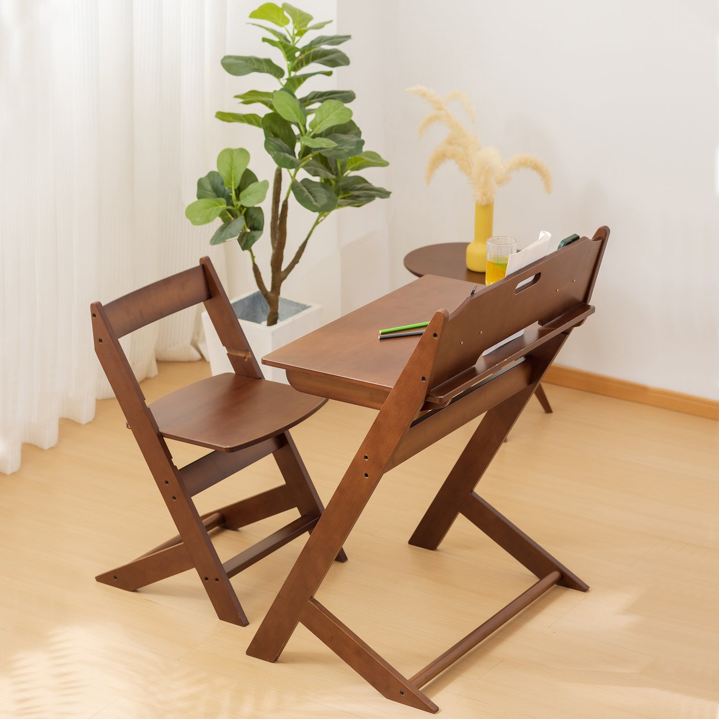 BALANBO Bamboo Adjustable Height Kids Desk and Chair Set,Reading Homework Drawing Table Computer Station Children School Study Desk Multi Function Desk,Writing Table w/Storage Drawer (Walnut Color)
