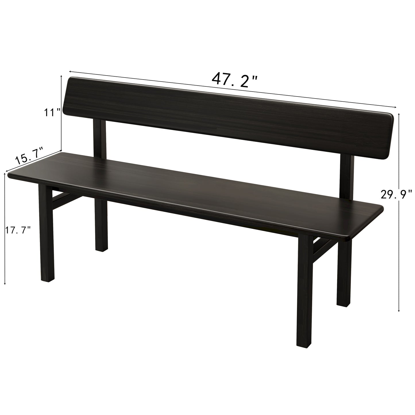 3 Person Farmhouse Dining Bench, Solid Wood Entryway Bench, Wooden Outdoor Bench, Kitchen Dining Seat and Backrest, Black