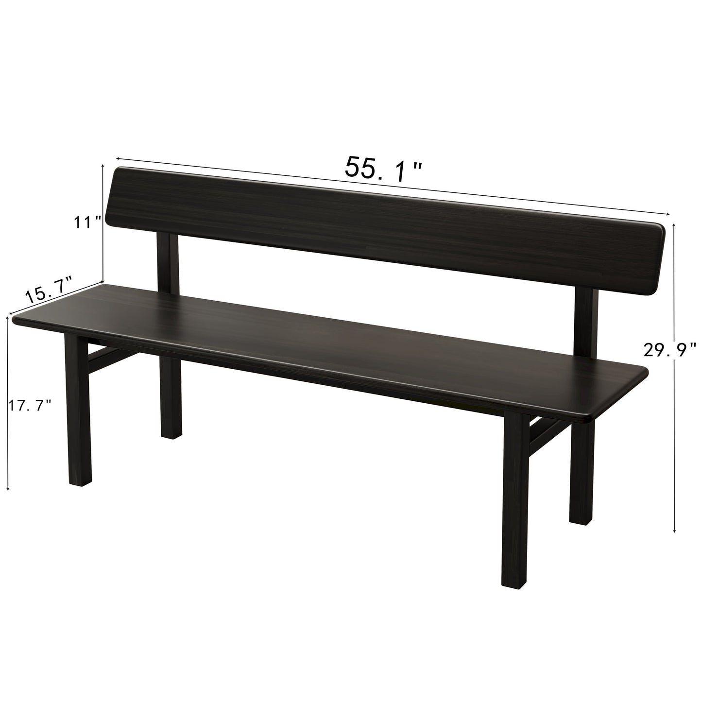 3 Person Farmhouse Dining Bench, Solid Wood Entryway Bench, Wooden Outdoor Bench, Kitchen Dining Seat and Backrest, Black