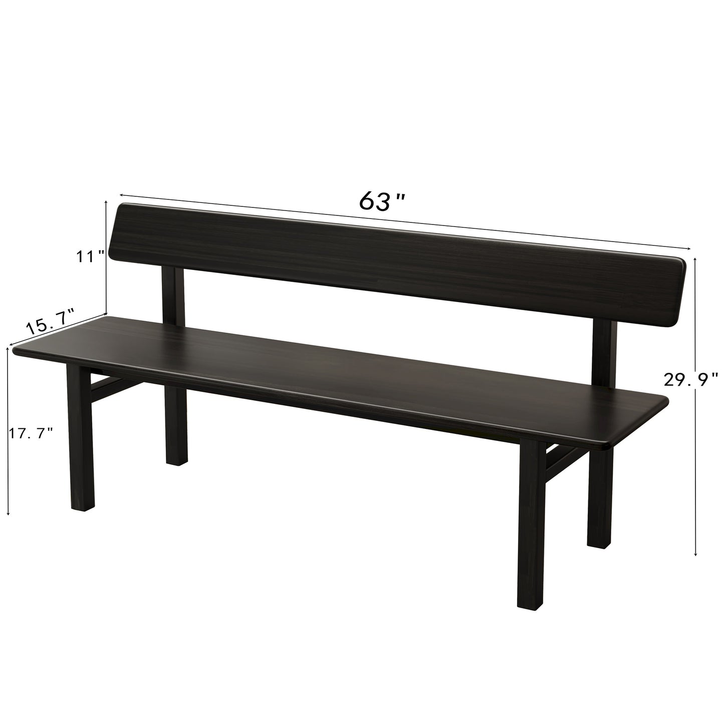 3 Person Farmhouse Dining Bench, Solid Wood Entryway Bench, Wooden Outdoor Bench, Kitchen Dining Seat and Backrest, Black