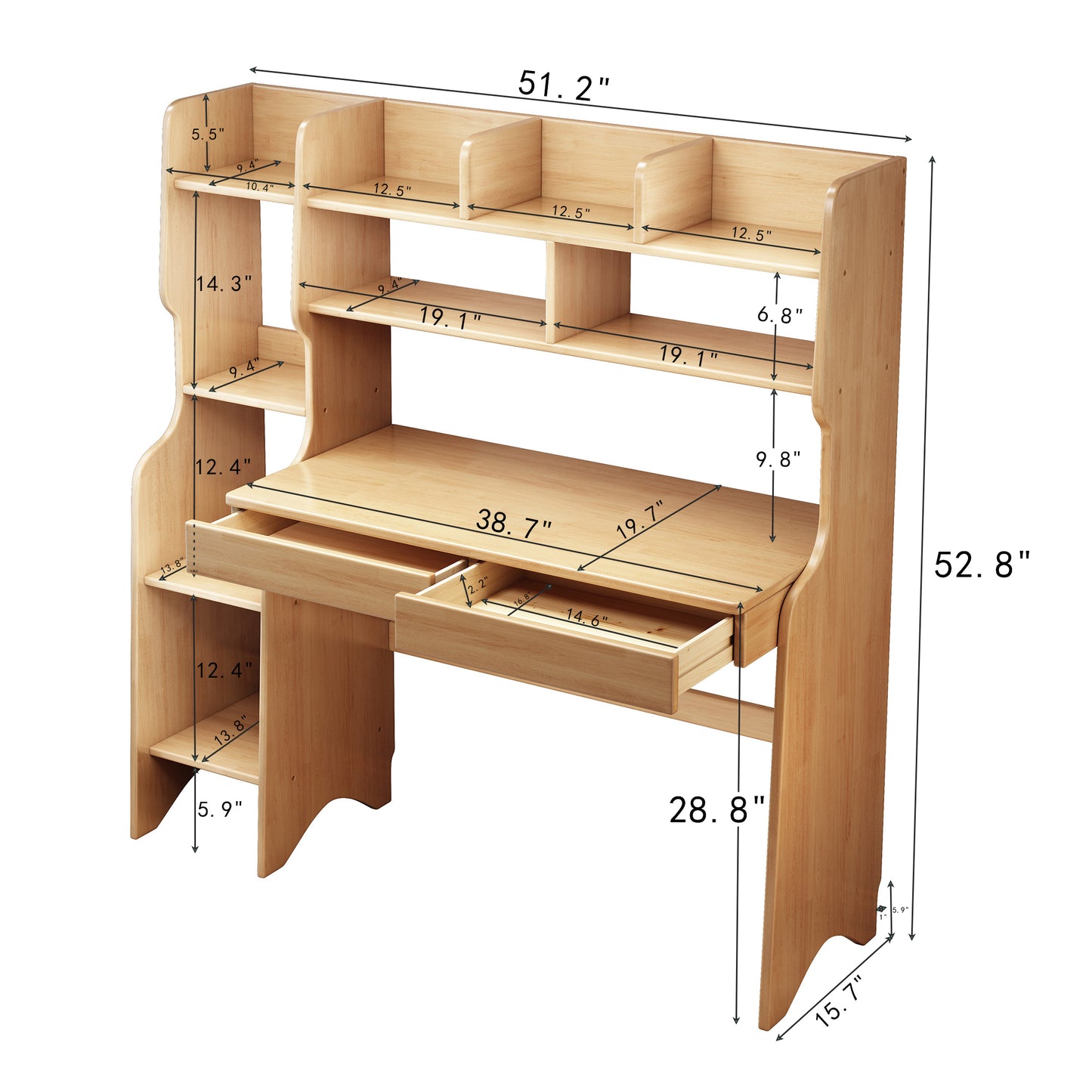 2-Piece Kids Desk W/hutch, Wood Study Desk ,Large Size Children’s Writing Table Computer Desk Built-in Bookshelf Hutch, Storage Drawer,Students Home Office Desk with Bookcase Display