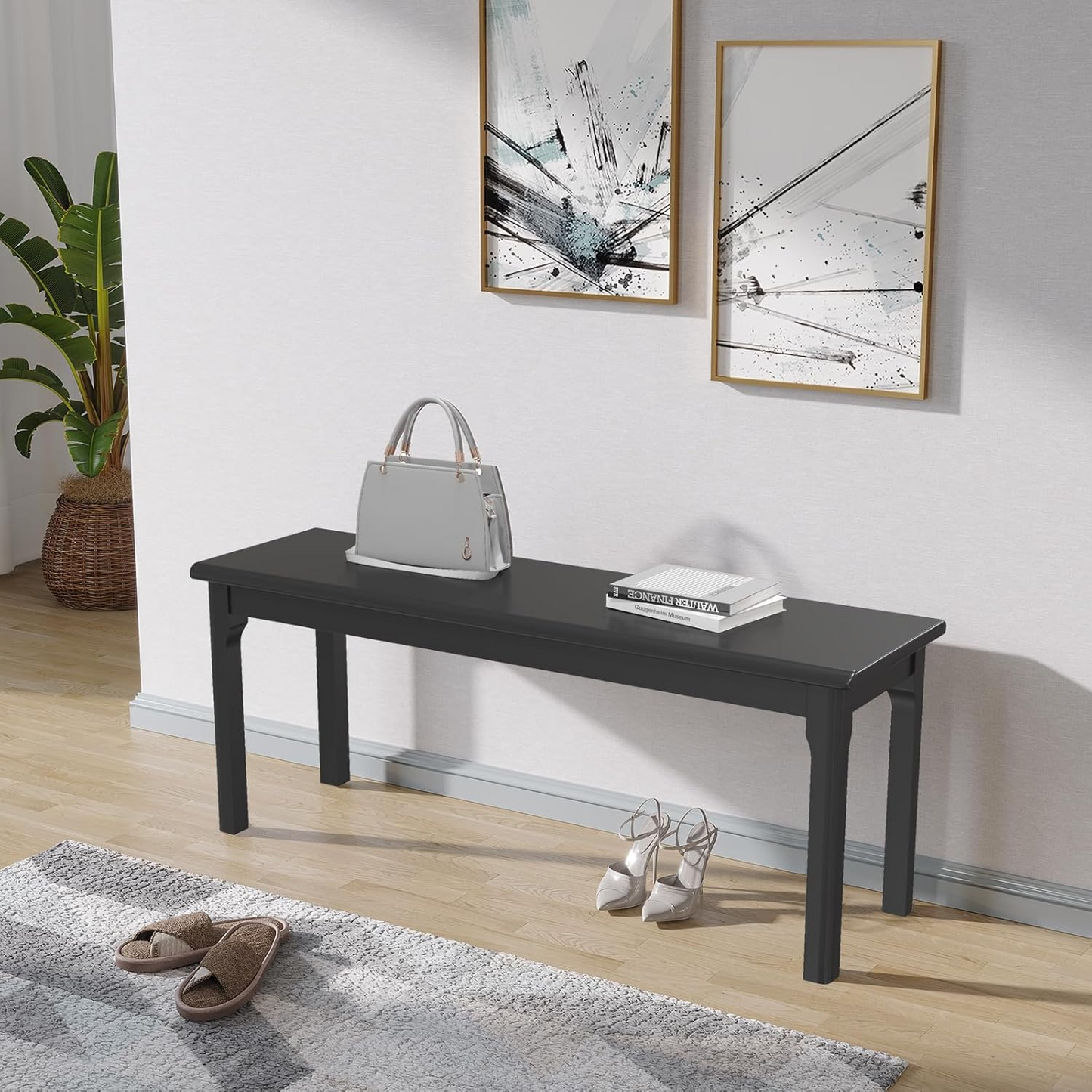 Solid Wood Bench, 47" Farmhouse Entryway Bench for Living Dining Room, Modern Storage Bench Seat for Indoors and Outdoors