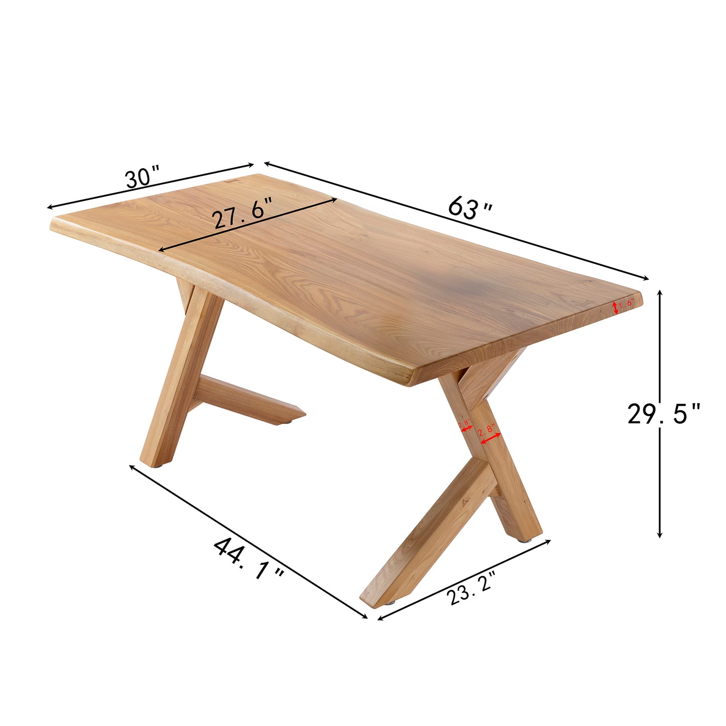 Live Edge Solid Wood Dining Table, 63" Rustic Farmhouse Rectangle Kitchen Table for 6, Natural Finish