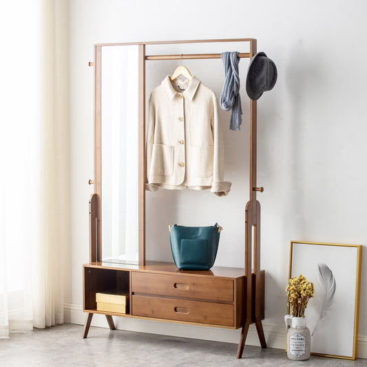 Freestanding Bamboo Wood Coat Rack, Coat Rack with Full Mirror, Seat, Drawers and Hooks, Tree Freestanding for Hanging Coats, Jackets, Hats, Bags, Umbrellas, Brown