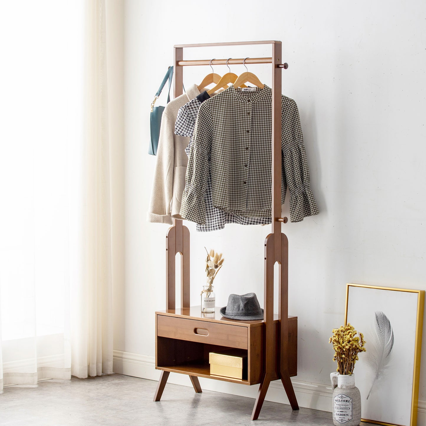Freestanding Bamboo Wood Coat Rack, Coat Rack with Full Mirror, Seat, Drawers and Hooks, Tree Freestanding for Hanging Coats, Jackets, Hats, Bags, Umbrellas, Brown